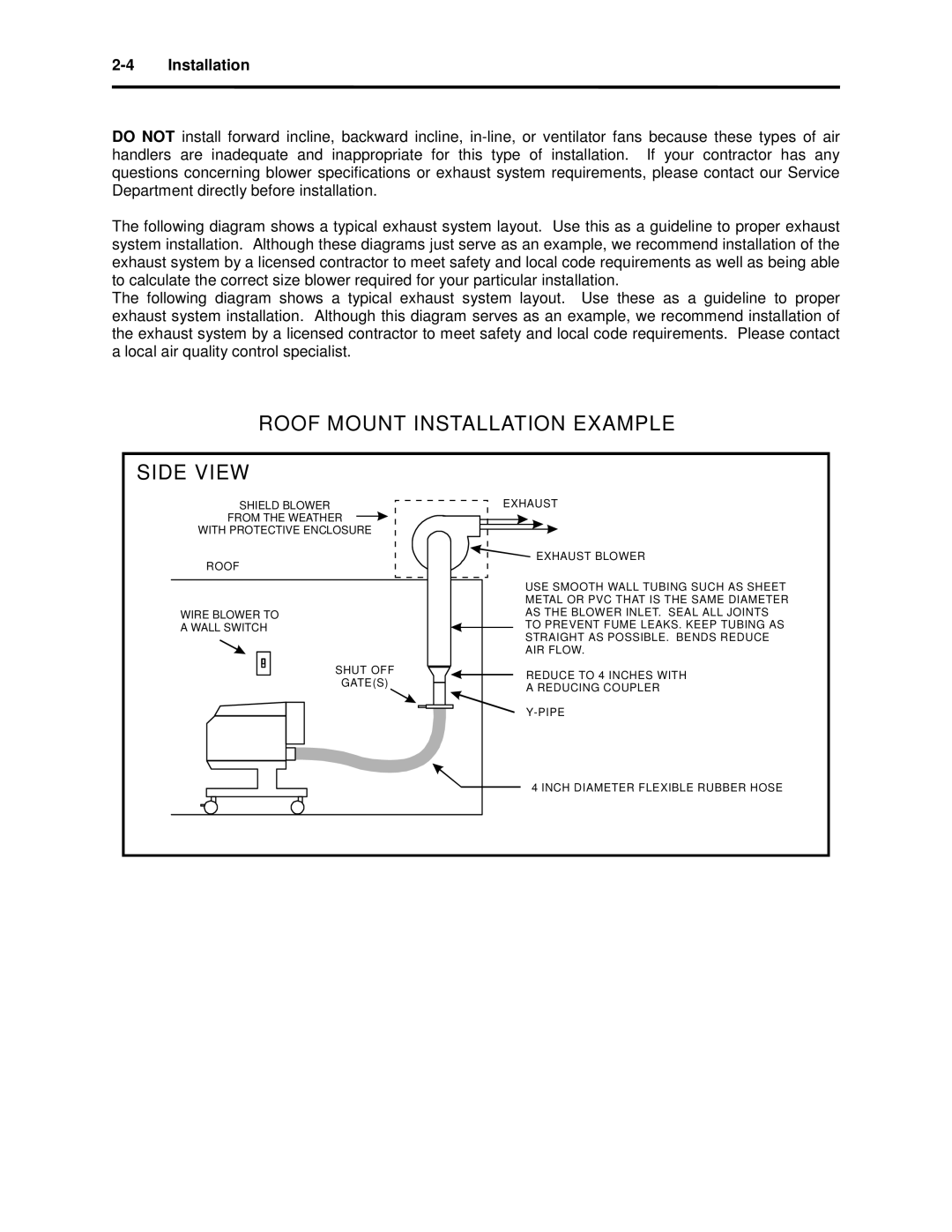 Universal Laser Systems X2-600, X-600 manual Roof Mount Installation Example Side View 