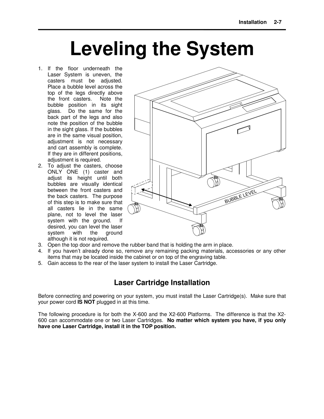 Universal Laser Systems X-600, X2-600 manual Leveling the System 