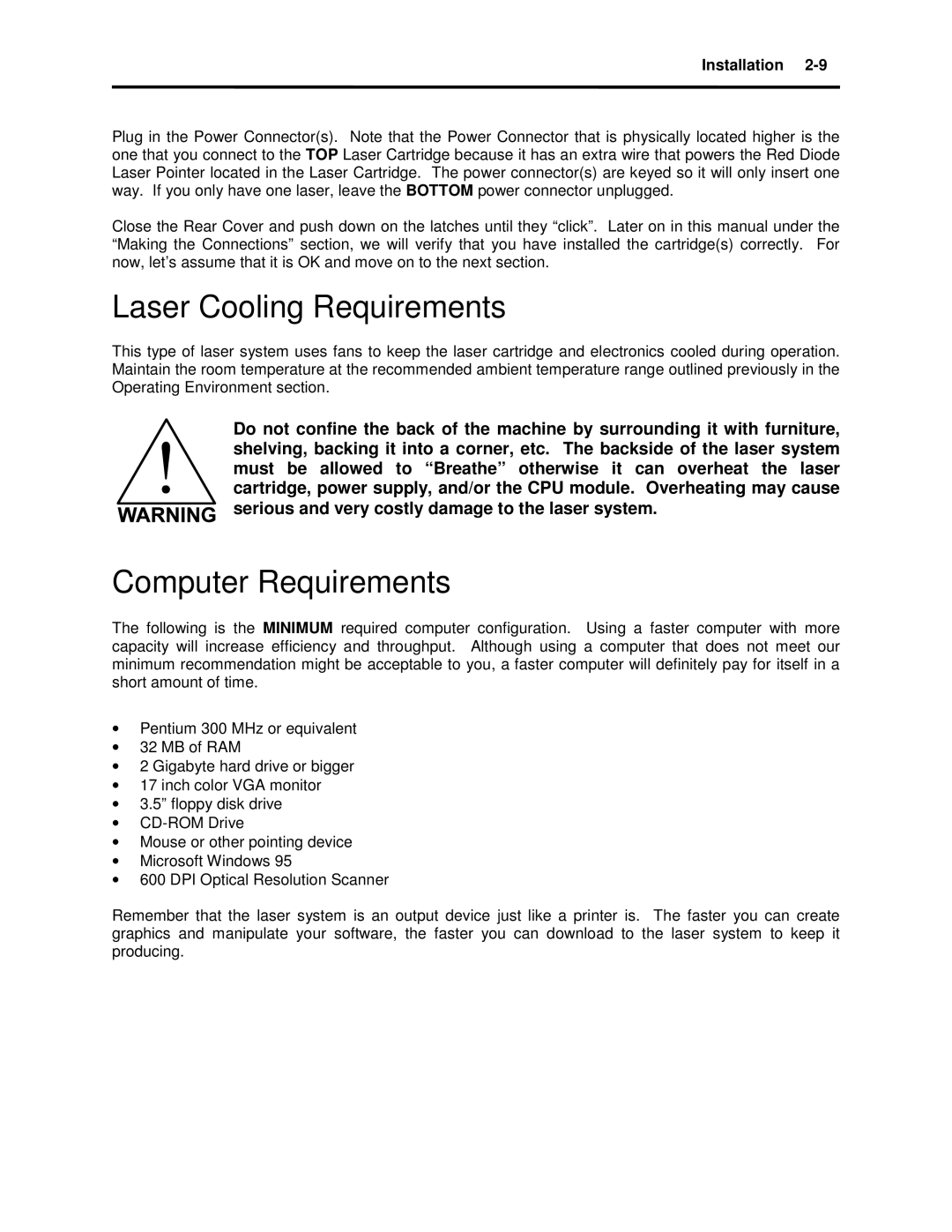 Universal Laser Systems X-600, X2-600 manual Laser Cooling Requirements, Computer Requirements 