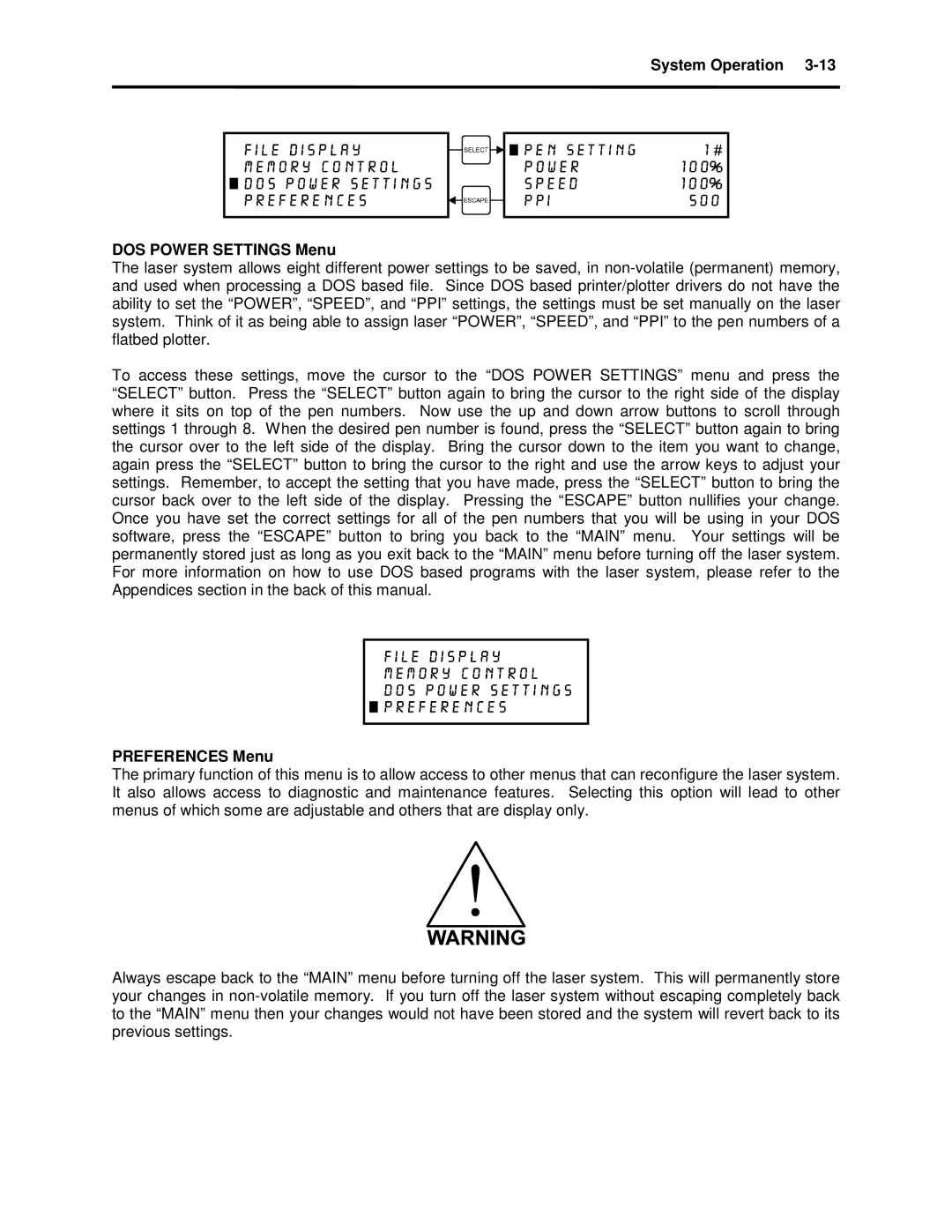 Universal Laser Systems X-600, X2-600 manual System Operation DOS Power Settings Menu, Preferences Menu 