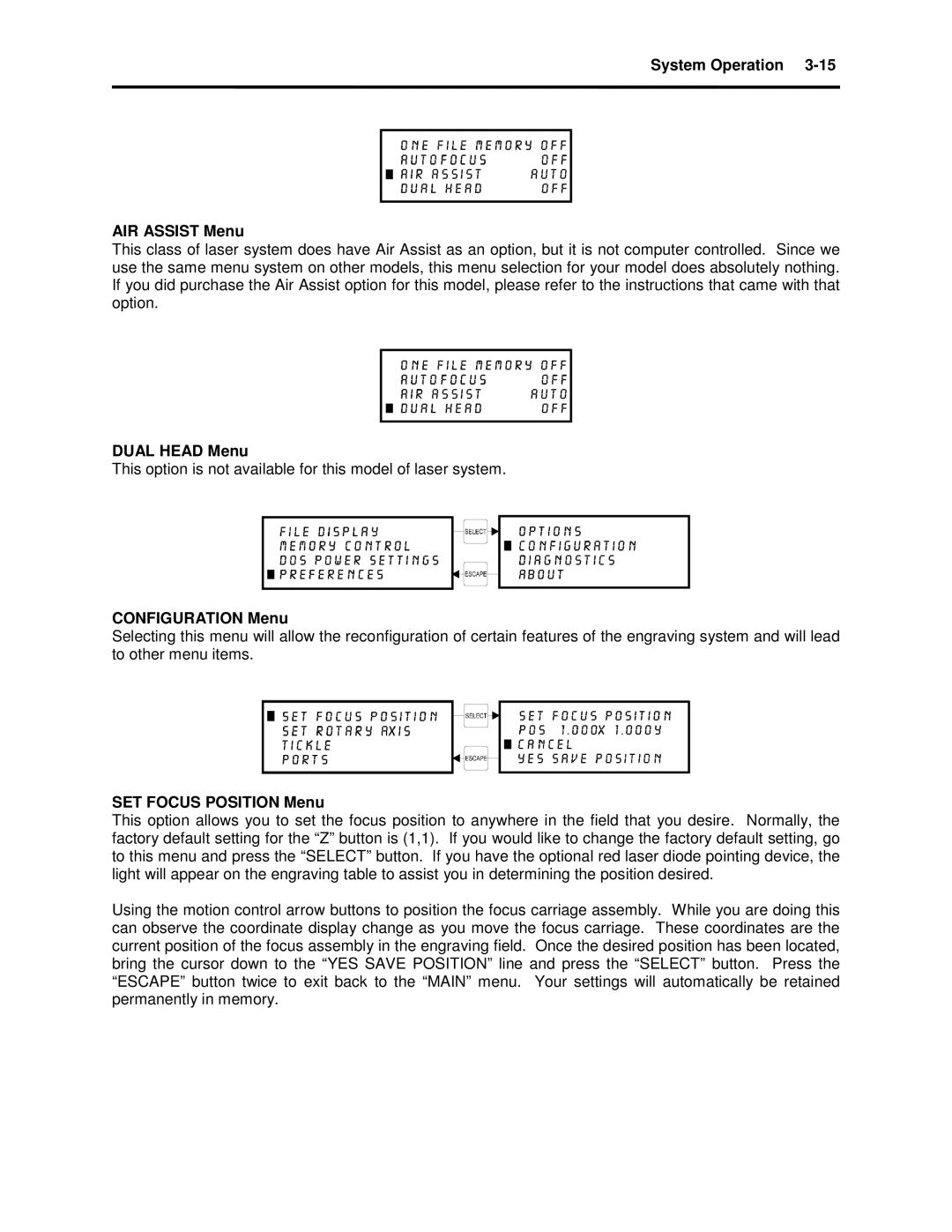 Universal Laser Systems X-600, X2-600 manual System Operation AIR Assist Menu, Dual Head Menu, Configuration Menu 