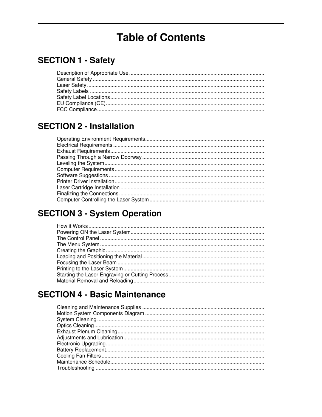 Universal Laser Systems X2-600, X-600 manual Table of Contents 