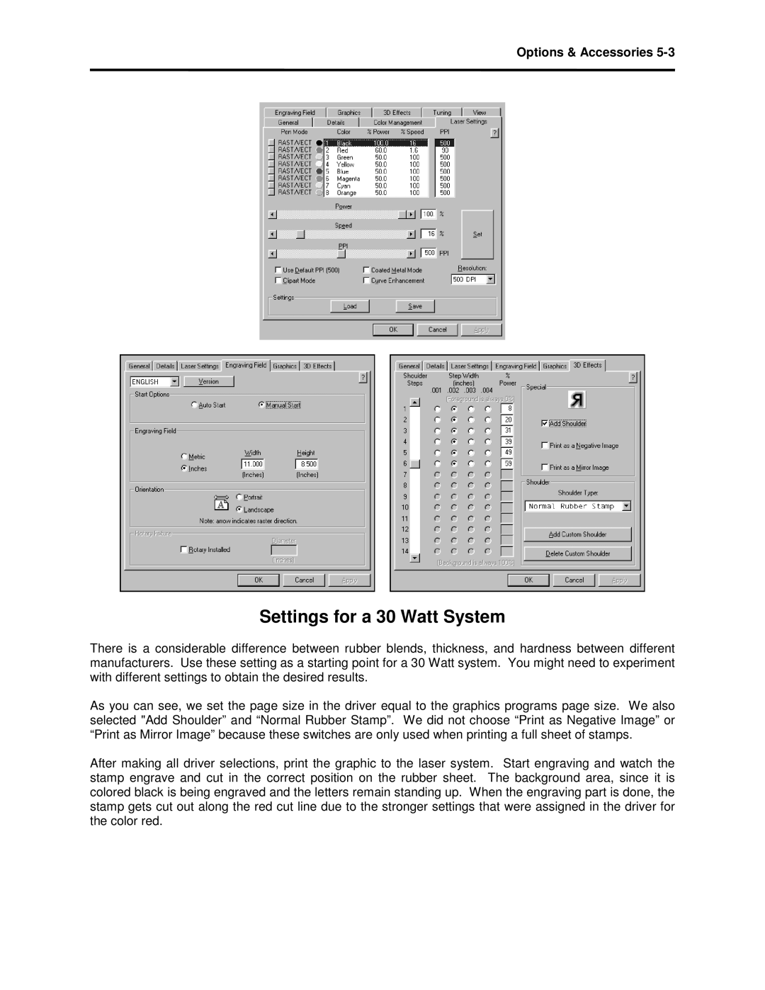 Universal Laser Systems X-600, X2-600 manual Settings for a 30 Watt System 