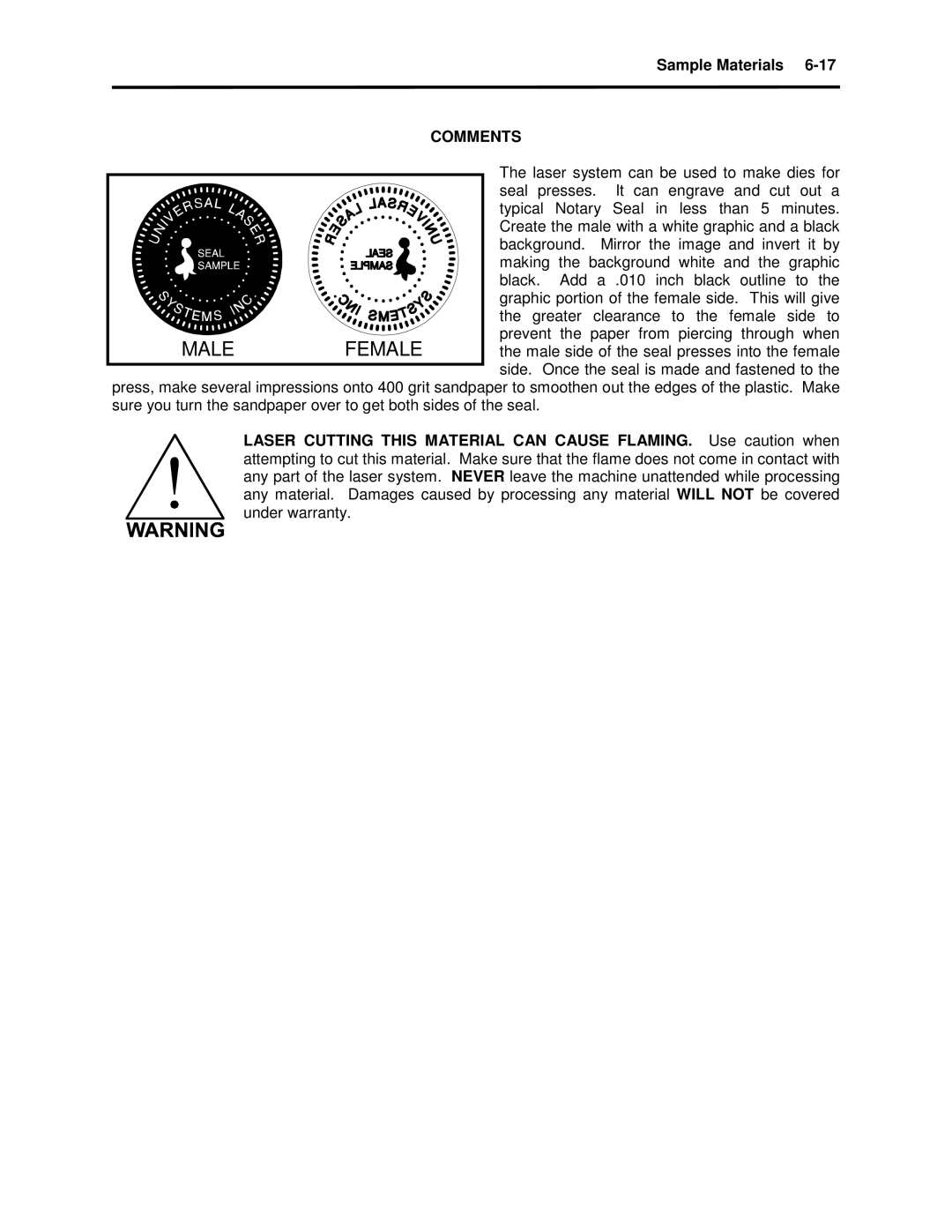 Universal Laser Systems X2-600, X-600 manual Male Female 