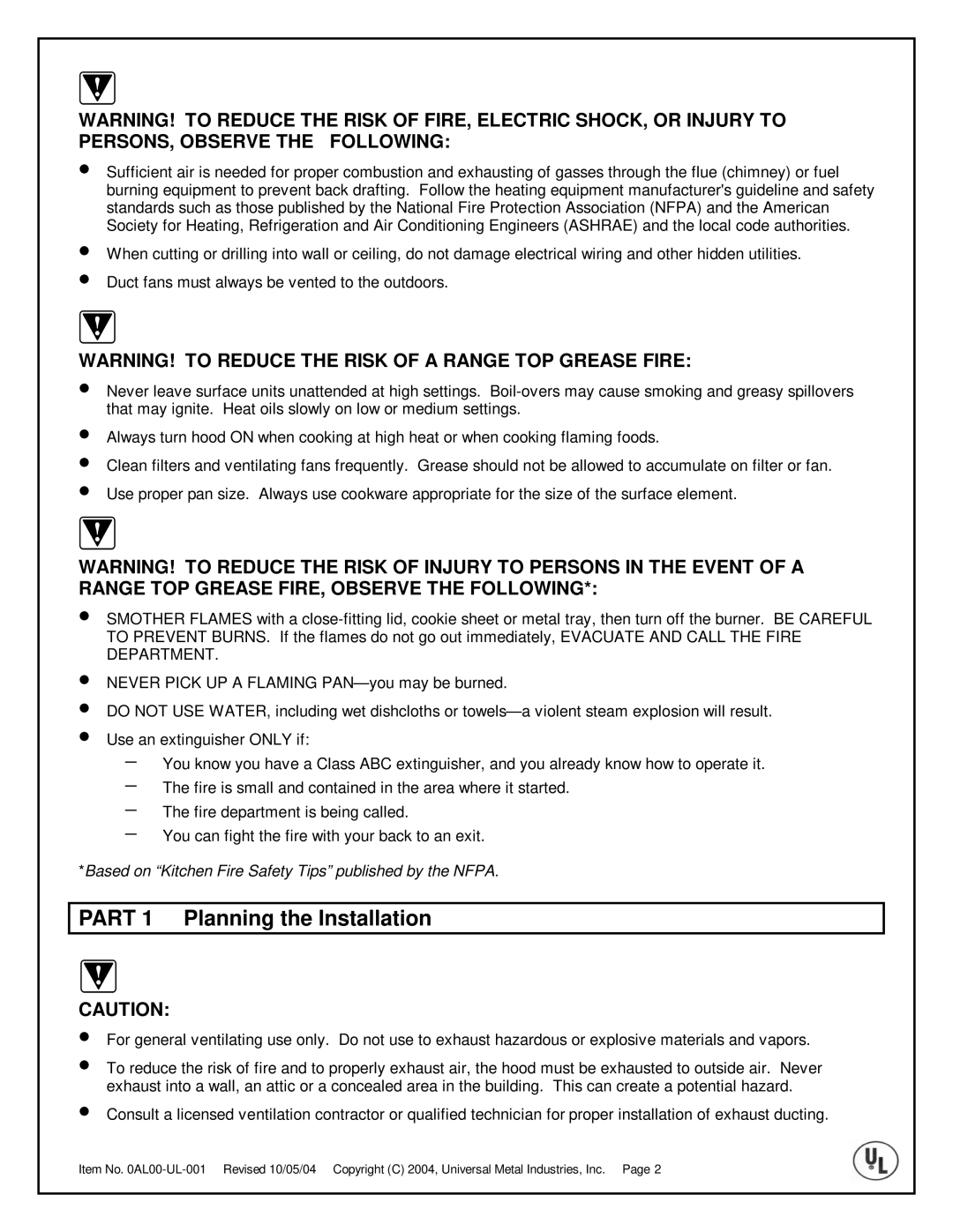 Universal Metal Industries UL2836, UL2830, UL2824 installation instructions Part 1 Planning the Installation 