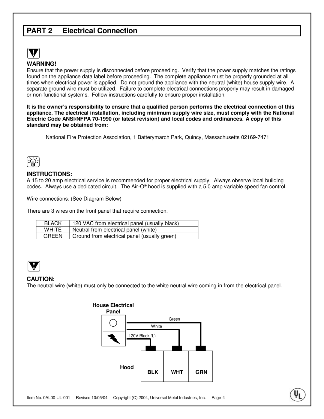 Universal Metal Industries UL2824, UL2830, UL2836 installation instructions Part 2 Electrical Connection, Instructions 