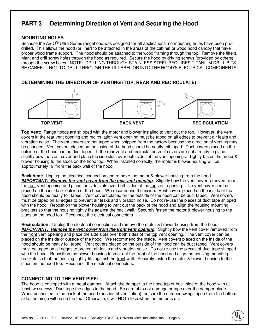 Universal Metal Industries UL2836, UL2830 Part 3 Determining Direction of Vent and Securing the Hood, Mounting Holes 