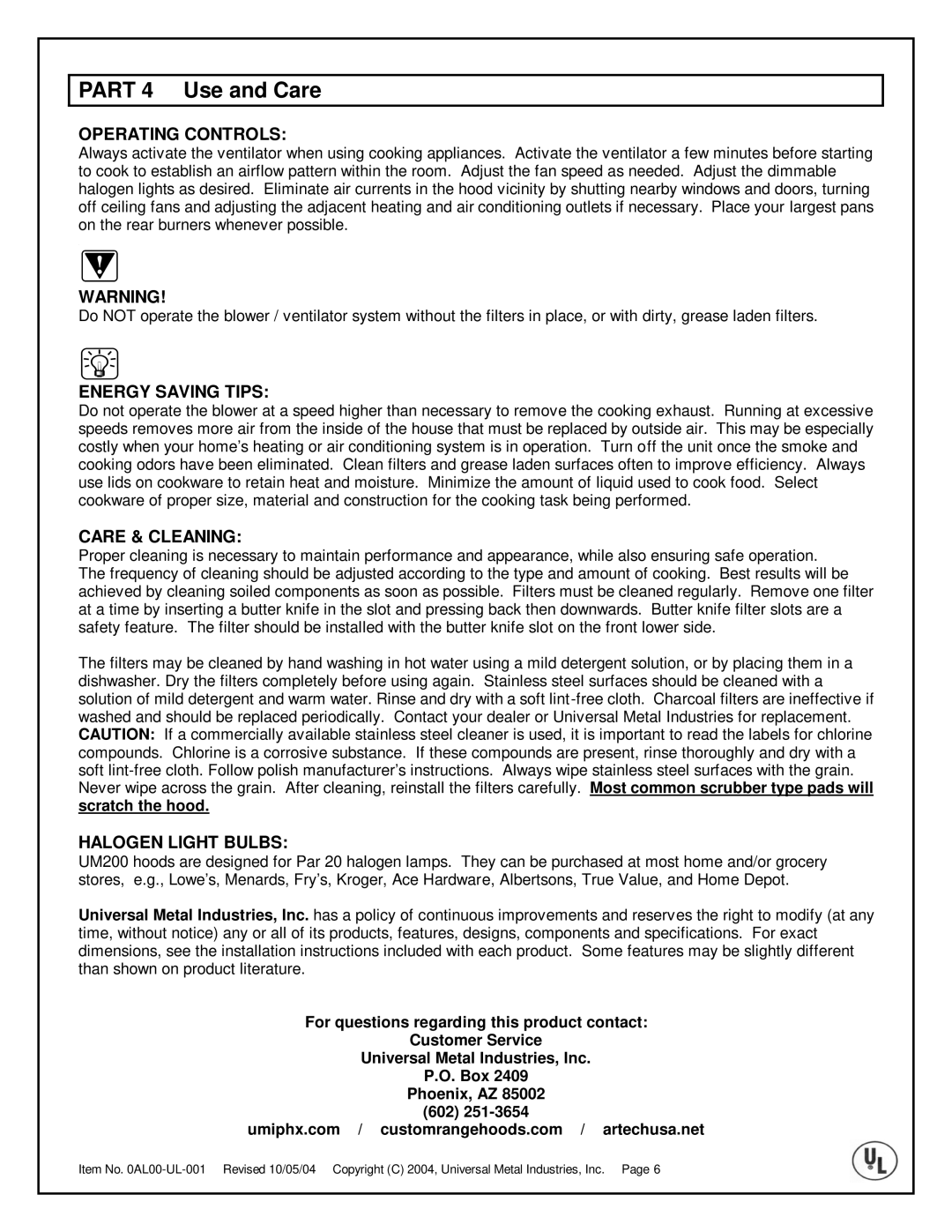 Universal Metal Industries UL2830, UL2824 Part 4 Use and Care, Operating Controls, Energy Saving Tips, Care & Cleaning 