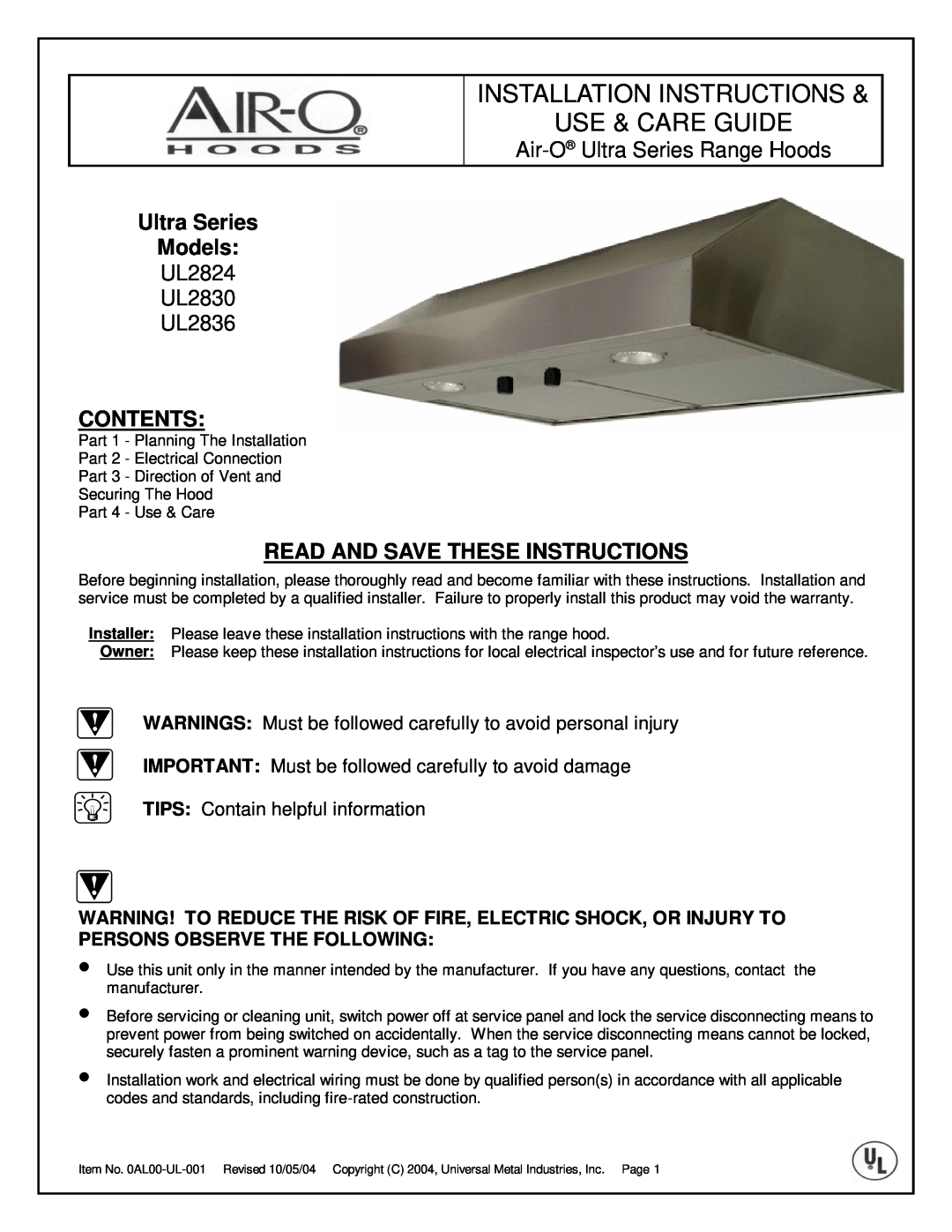 Universal Metal Industries UL2824 installation instructions Ultra Series Models, Contents, Air-O Ultra Series Range Hoods 