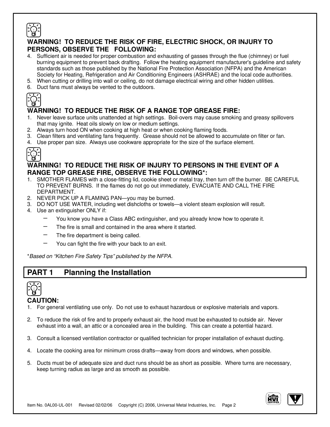 Universal Metal Industries ULT2836, ULT2824, ULT2830, ULT2820 installation instructions Part 1 Planning the Installation 