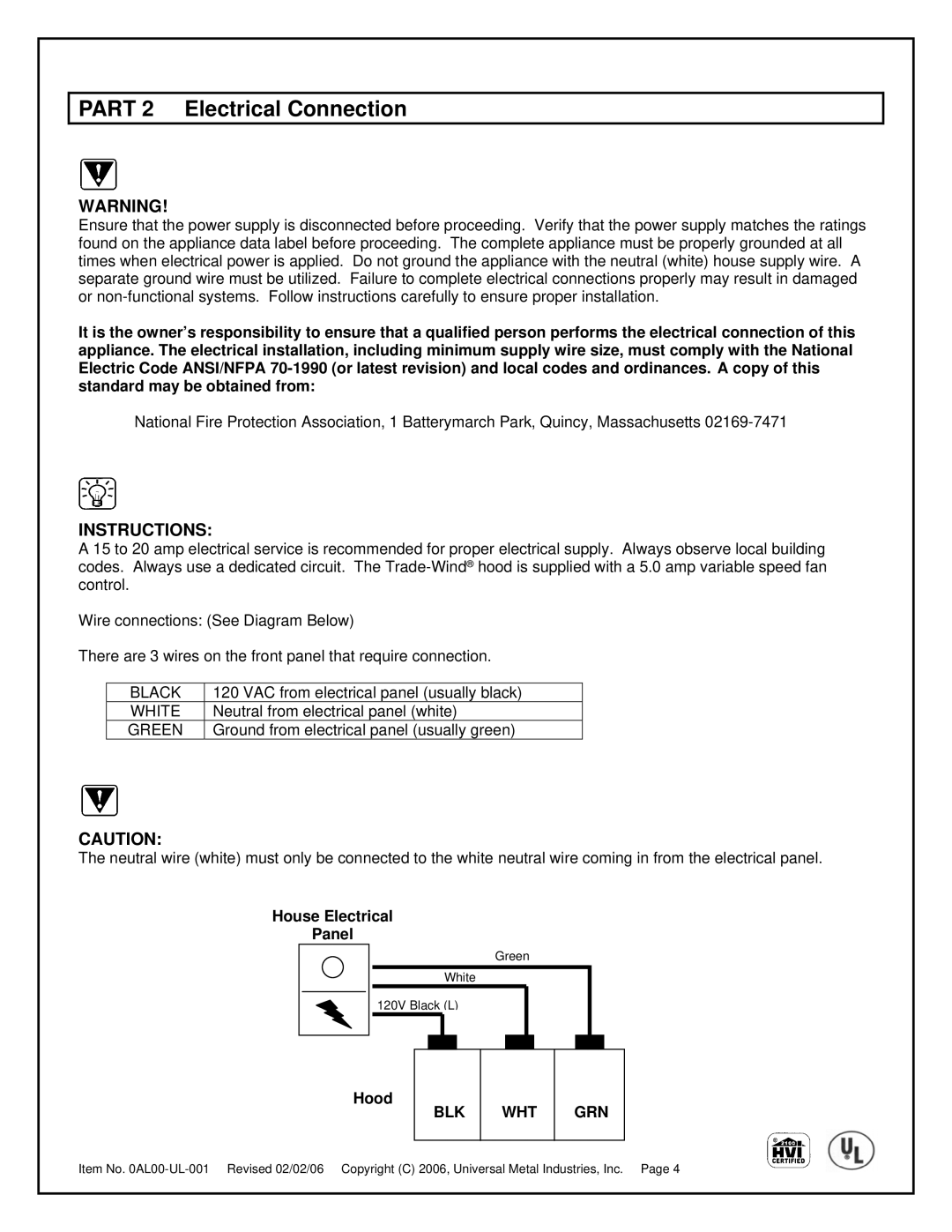 Universal Metal Industries ULT2824, ULT2830, ULT2836, ULT2820 Part 2 Electrical Connection, Instructions 