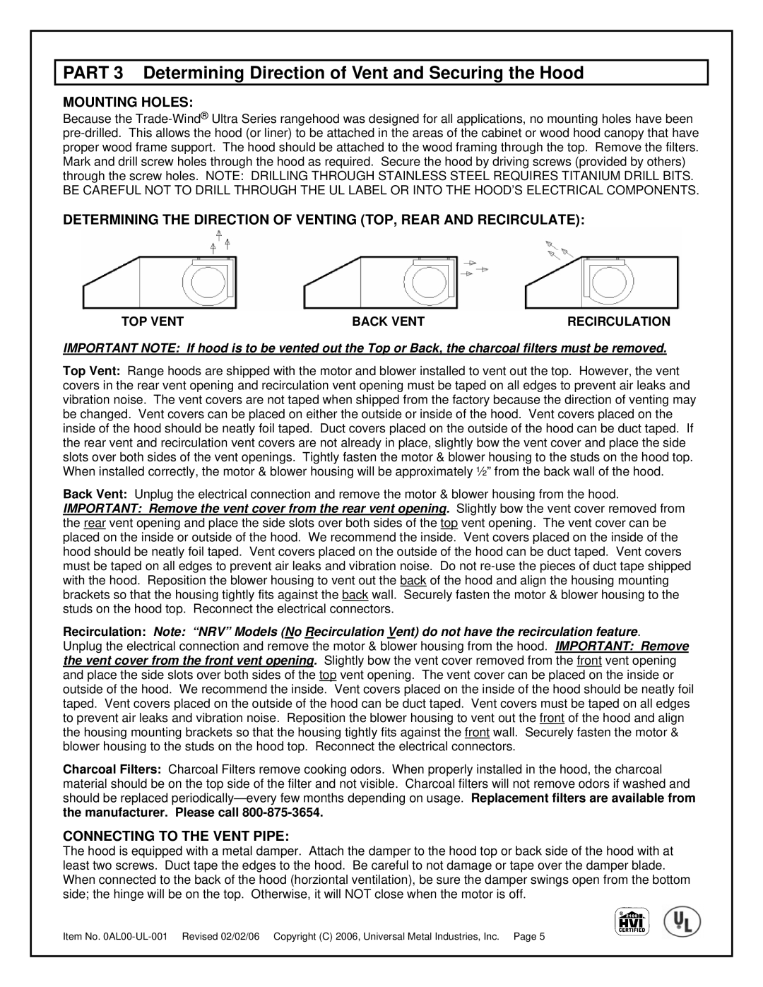 Universal Metal Industries ULT2830, ULT2824 Part 3 Determining Direction of Vent and Securing the Hood, Mounting Holes 