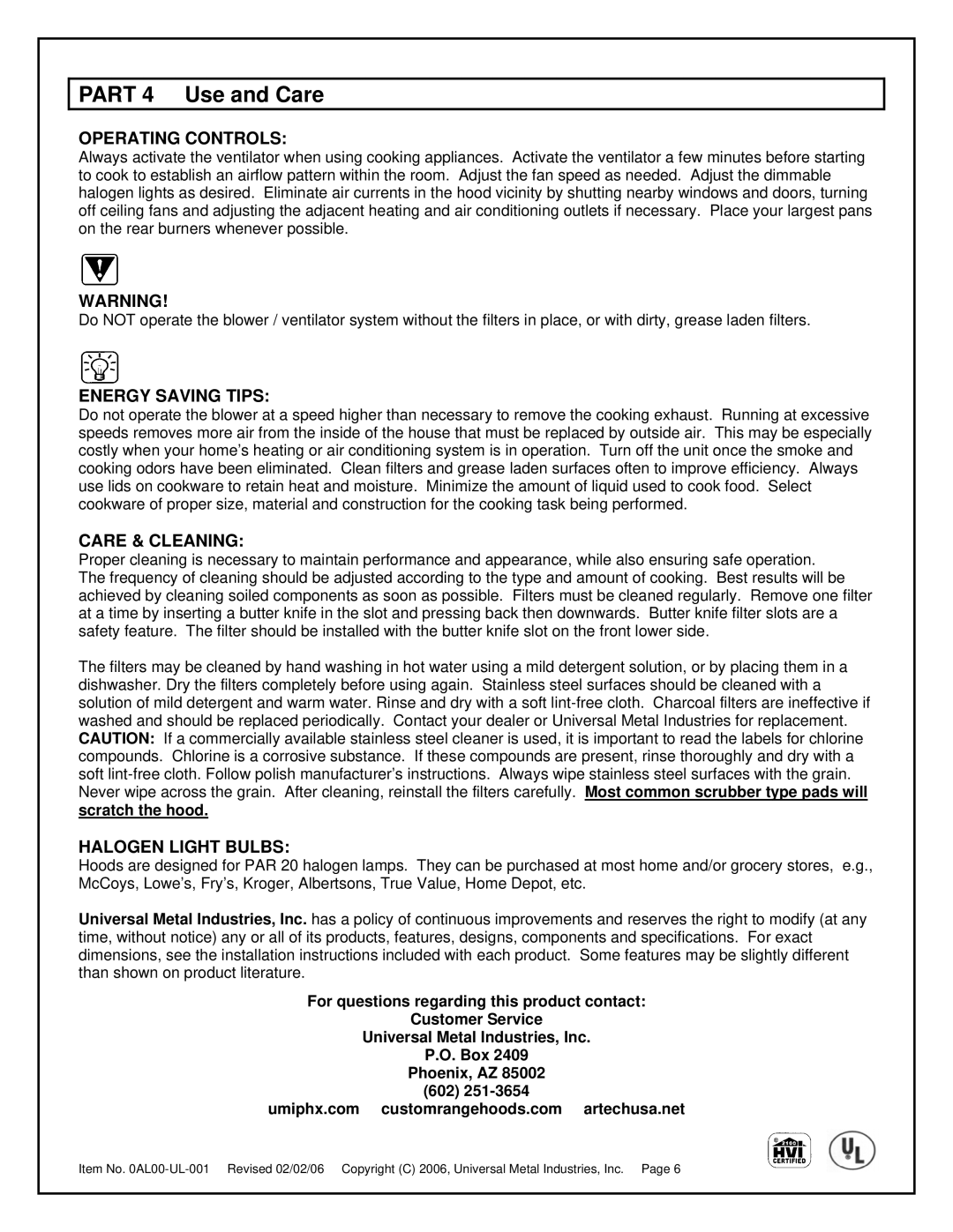 Universal Metal Industries ULT2836, ULT2824 Part 4 Use and Care, Operating Controls, Energy Saving Tips, Care & Cleaning 