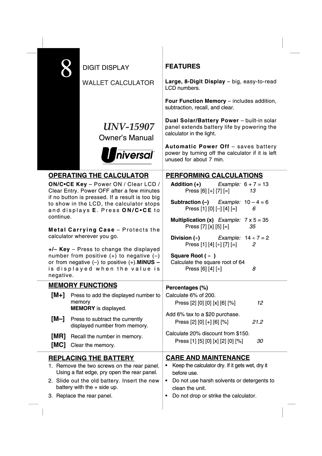 Universal Microelectronic UNV-15907 manual 