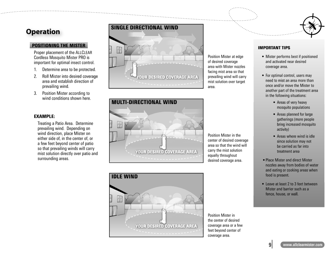 Universal Pest Solutions Mosquito Mister manual Positioning the Mister, Determine area to be protected, Example 