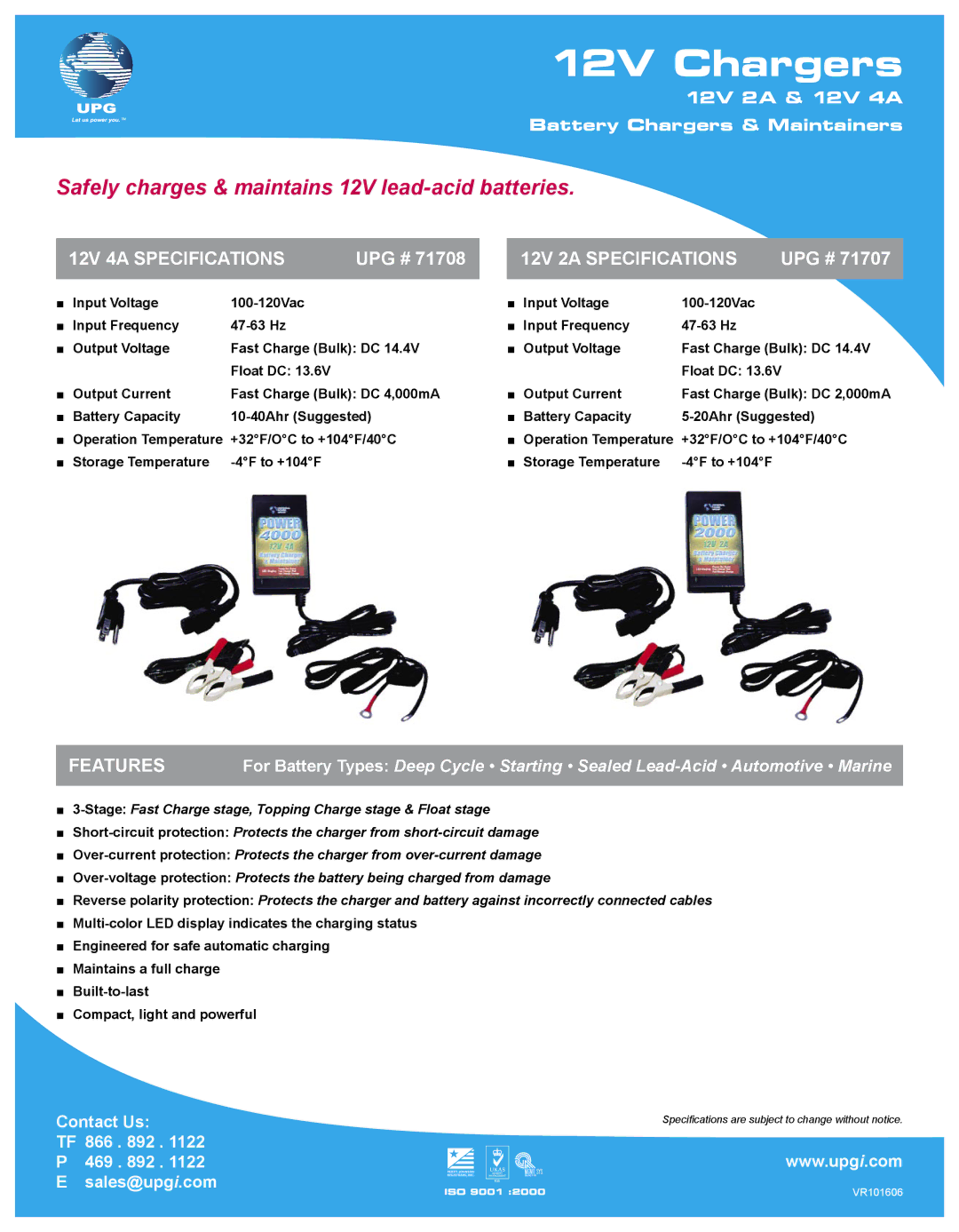 Universal Power Group 12V 2A specifications 12V Chargers, Safely charges & maintains 12V lead-acid batteries, Features 