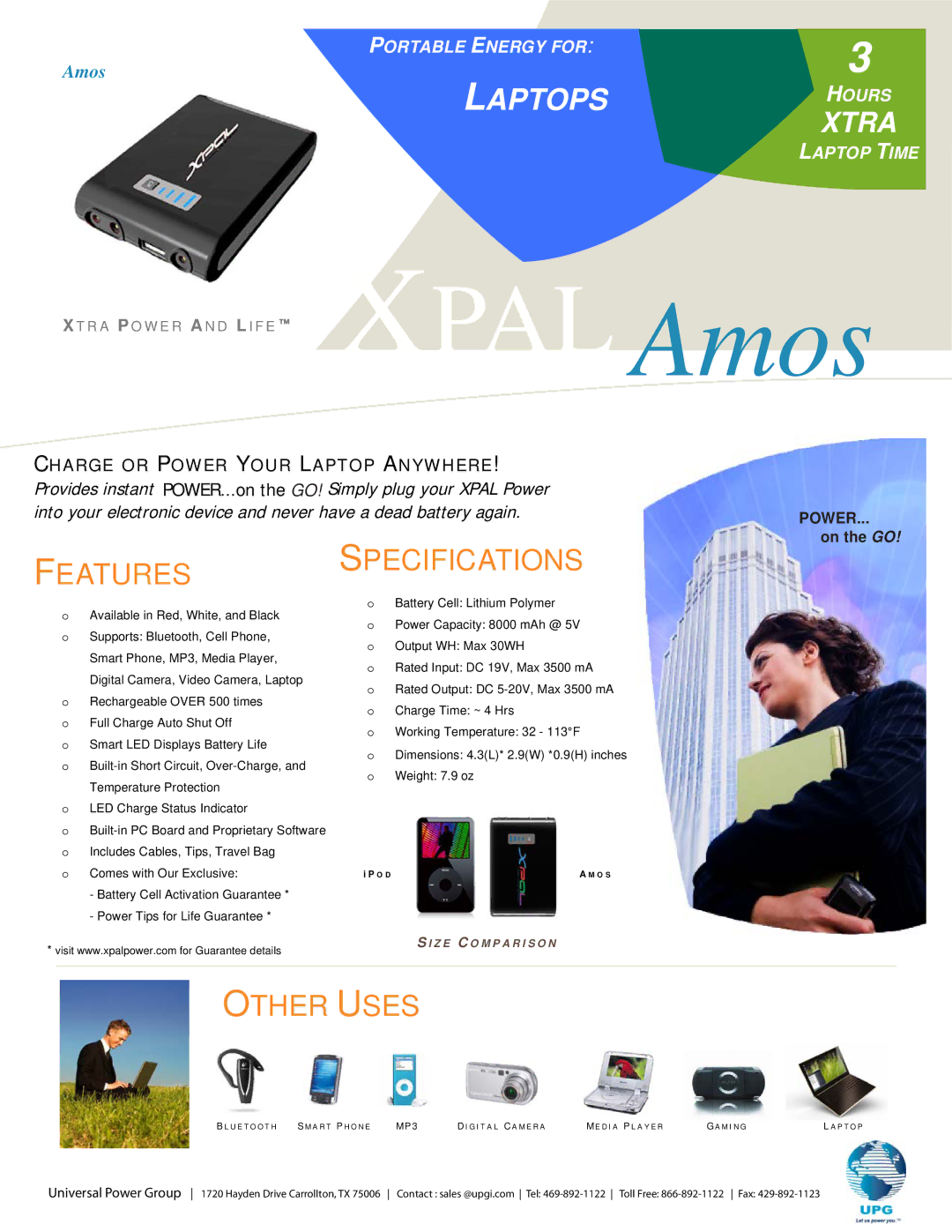 Universal Power Group XPAL Amos specifications Laptops, Features, Specifications, Other Uses, Xtra 