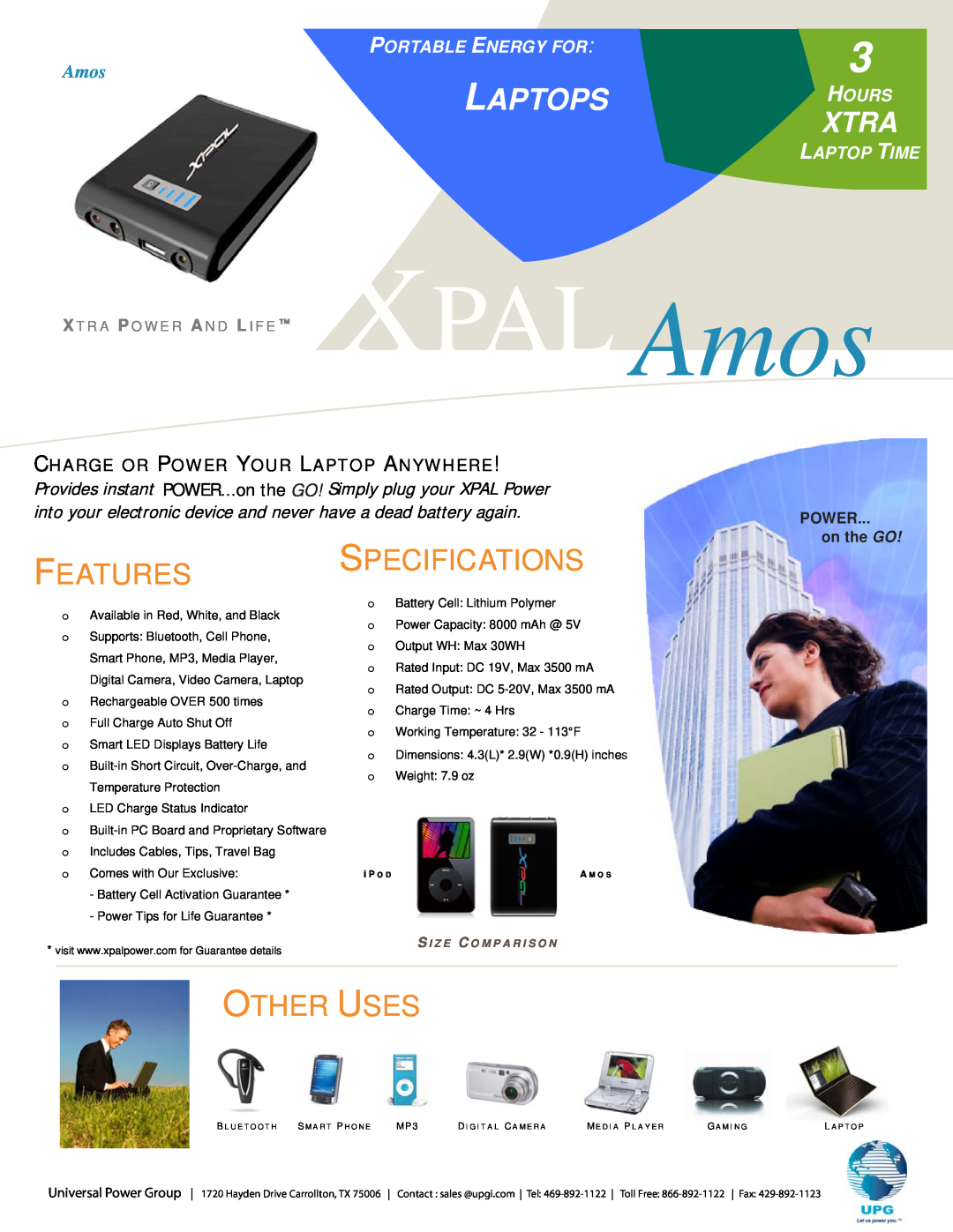 Universal Power Group XPAL Amos specifications Laptops, Features, Specifications, Other Uses, Xtra, Portable Energy For 