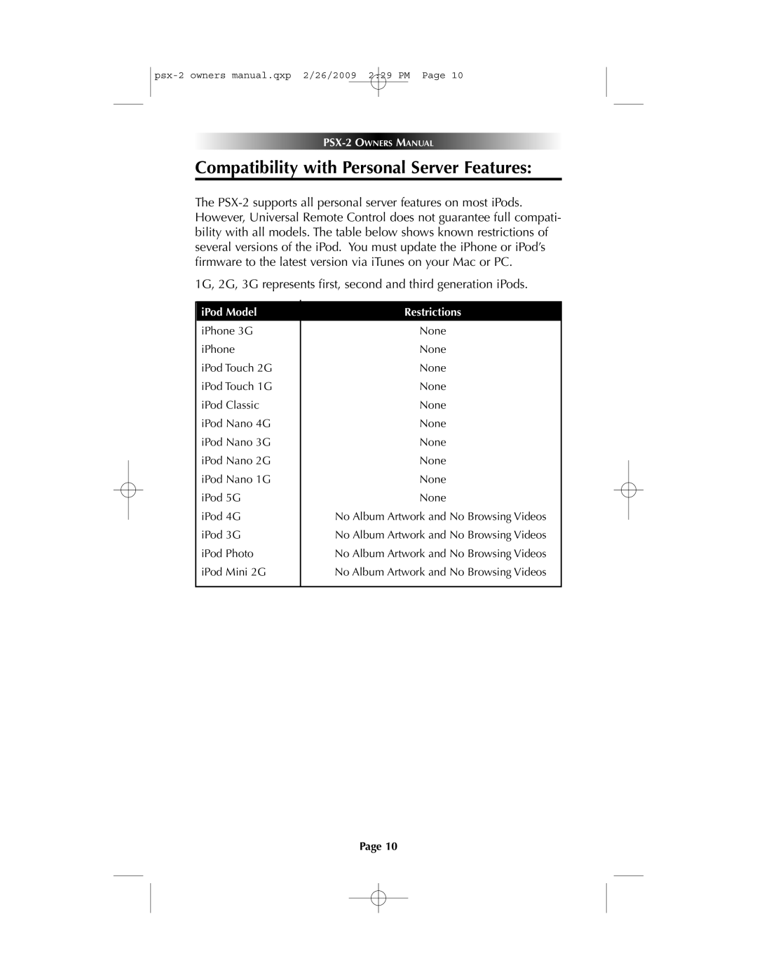 Universal PSX-2 owner manual Compatibility with Personal Server Features, Restrictions 