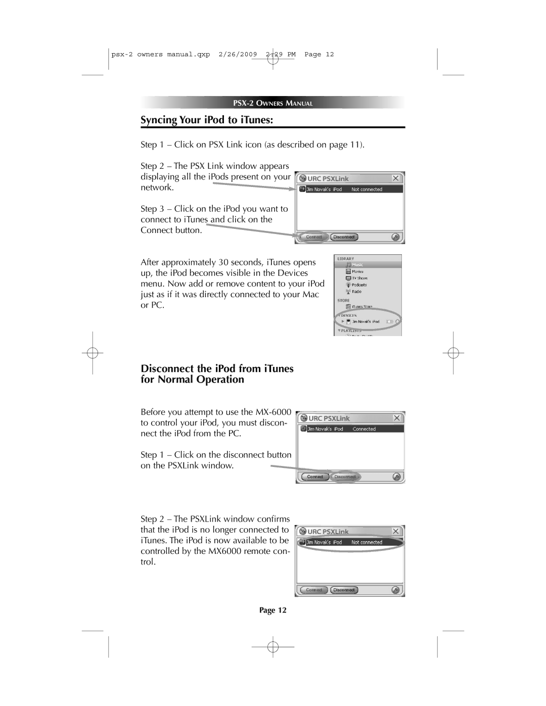 Universal PSX-2 owner manual Syncing Your iPod to iTunes 