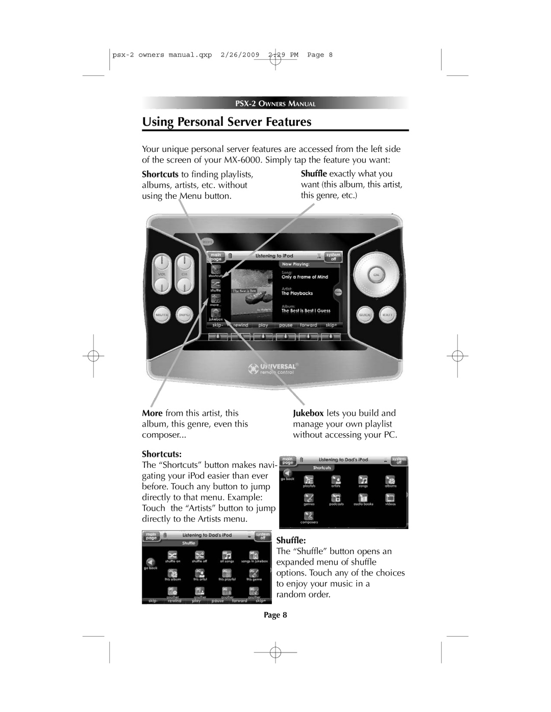 Universal PSX-2 owner manual Using Personal Server Features, Shortcuts, Shuffle 