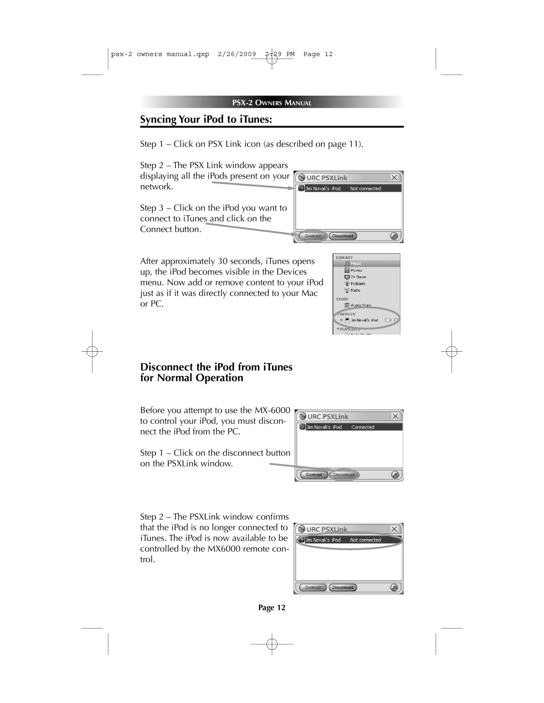 Universal PSX-2 owner manual Syncing Your iPod to iTunes, Disconnect the iPod from iTunes for Normal Operation 