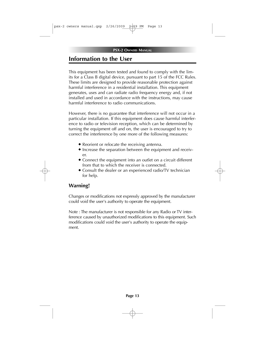 Universal PSX-2 owner manual Information to the User 