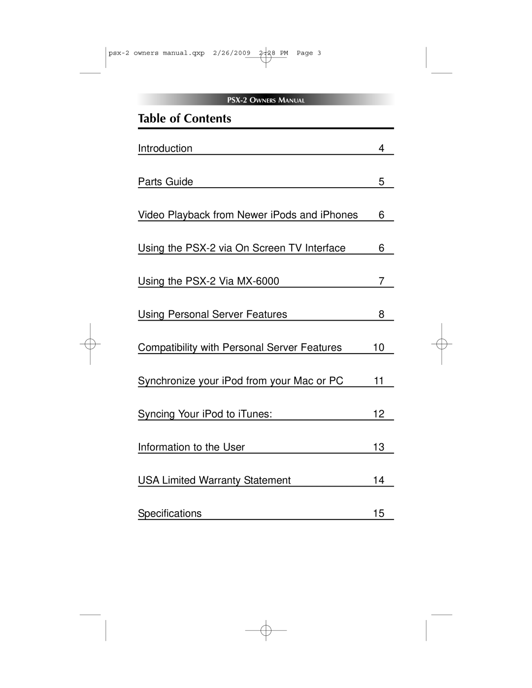 Universal PSX-2 owner manual Table of Contents 