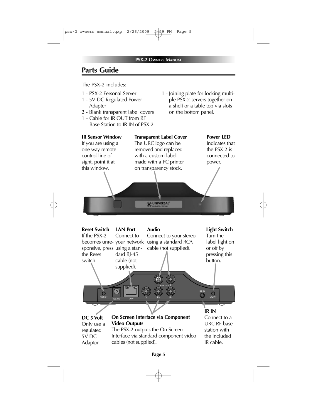 Universal PSX-2 owner manual Parts Guide, Transparent Label Cover, Power LED, Reset Switch, LAN Port, Audio 