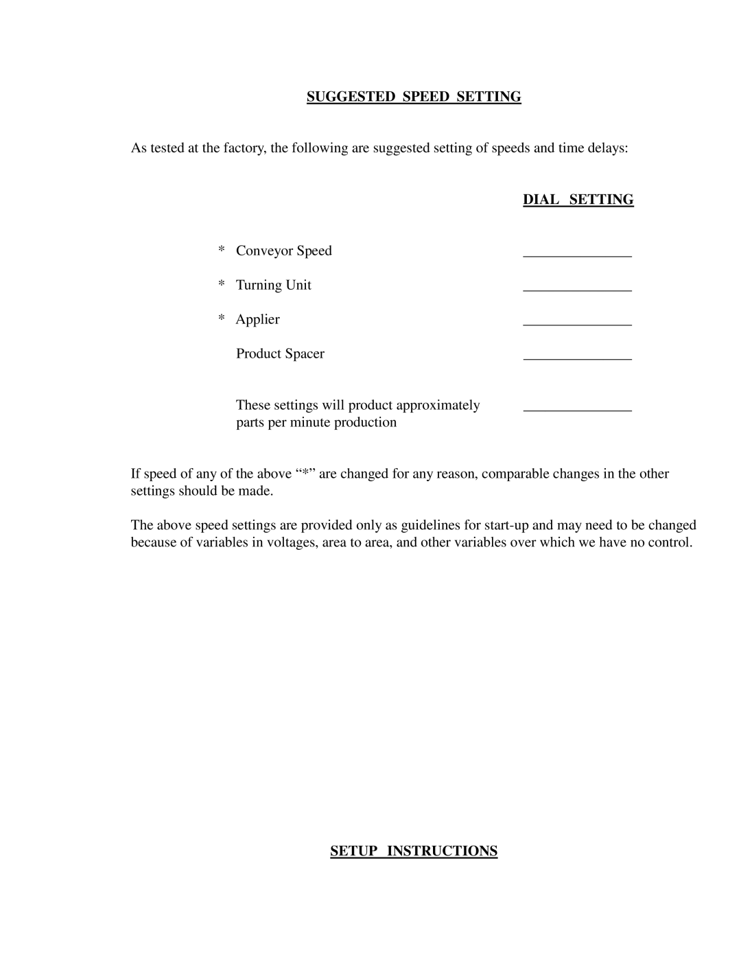 Universal R-320 manual Suggested Speed Setting 