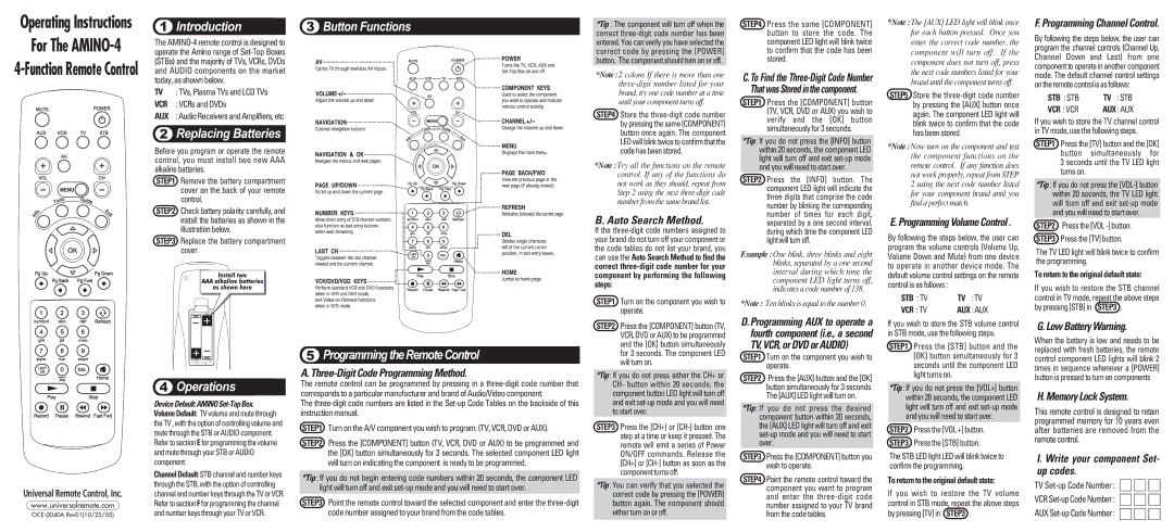 Universal Remote Control AMINO-4 operating instructions Introduction, Replacing Batteries, Operations 