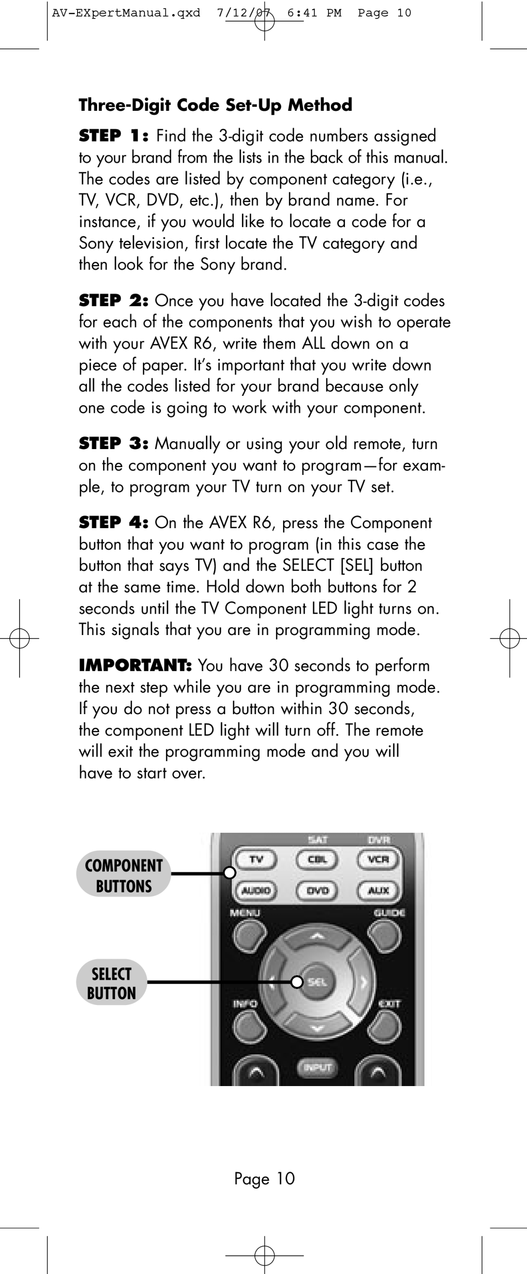 Universal Remote Control AVEX R6 manual Three-Digit Code Set-Up Method, Component Buttons Select 