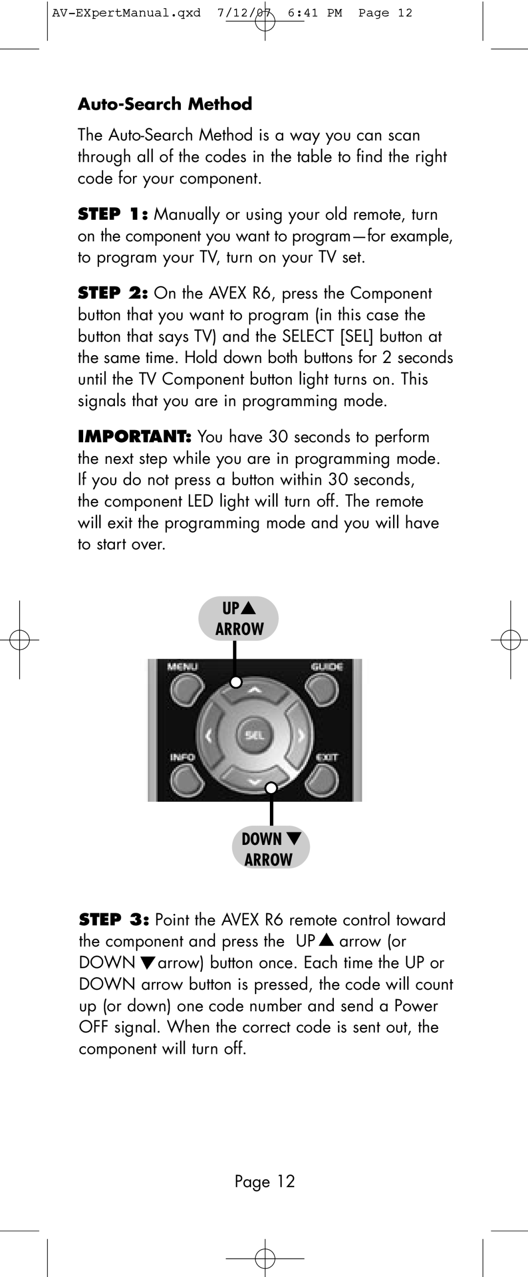 Universal Remote Control AVEX R6 manual Auto-Search Method, Arrow Down 