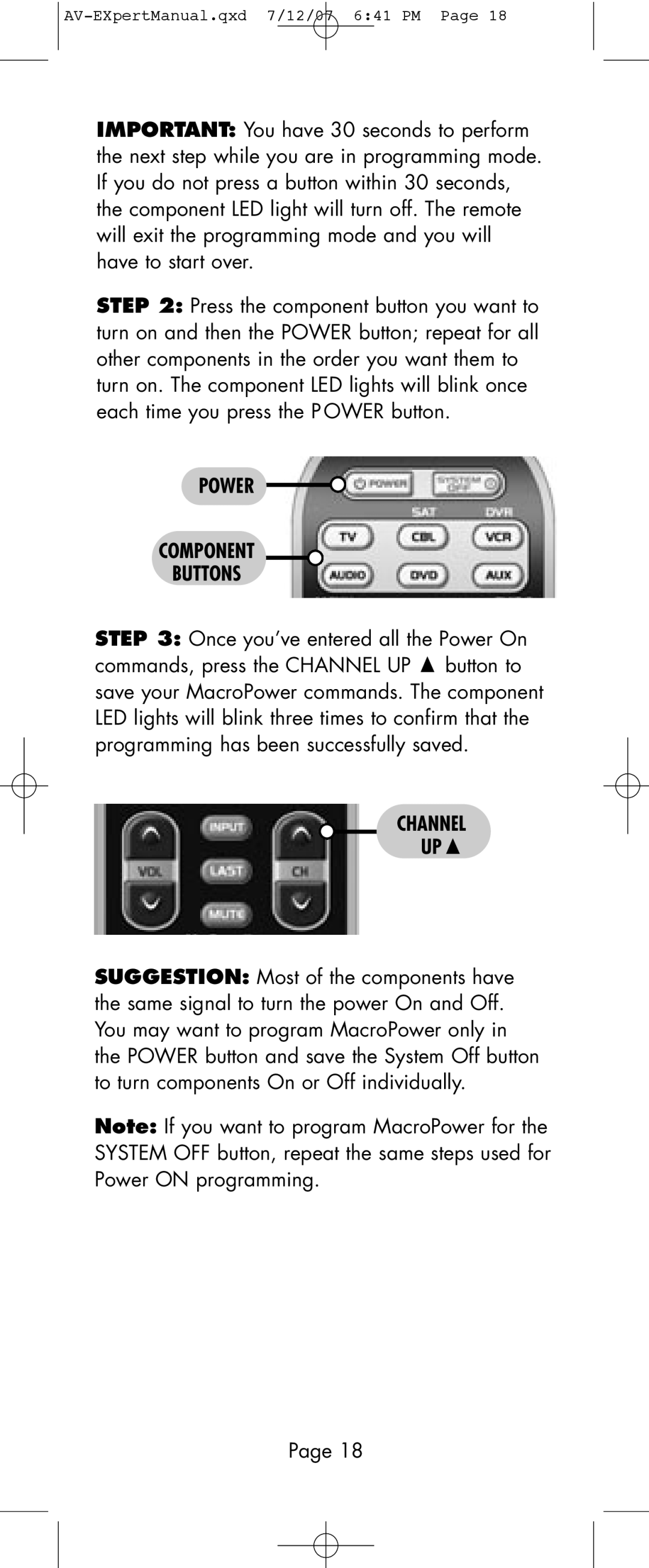 Universal Remote Control AVEX R6 manual Power Component Buttons, Channel 