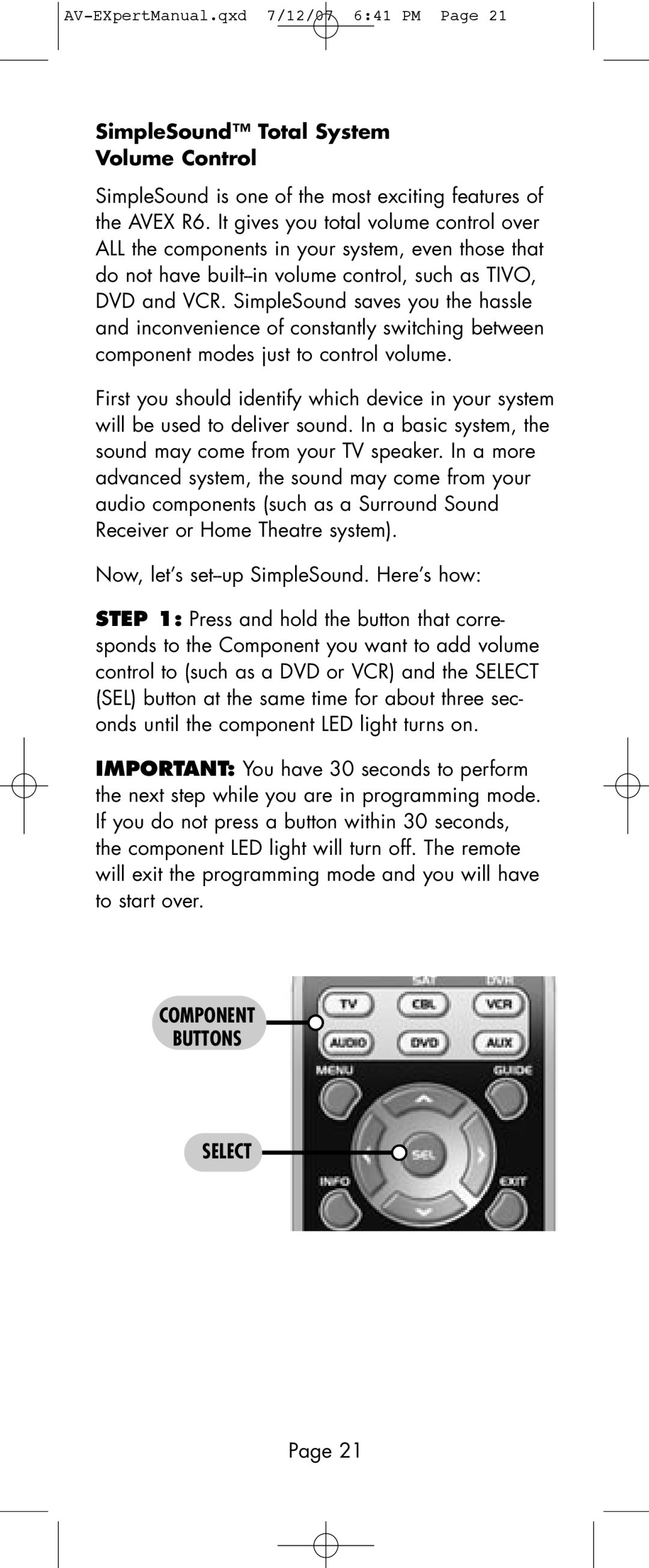 Universal Remote Control AVEX R6 manual SimpleSound Total System Volume Control, Component Buttons Select 