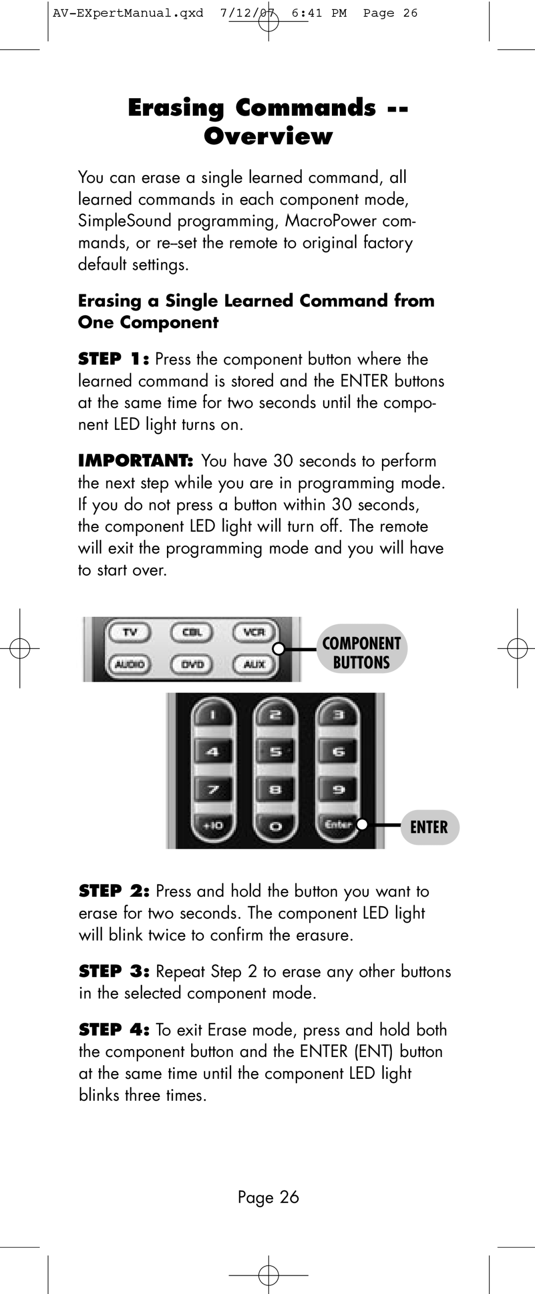 Universal Remote Control AVEX R6 manual Erasing Commands Overview, Erasing a Single Learned Command from One Component 