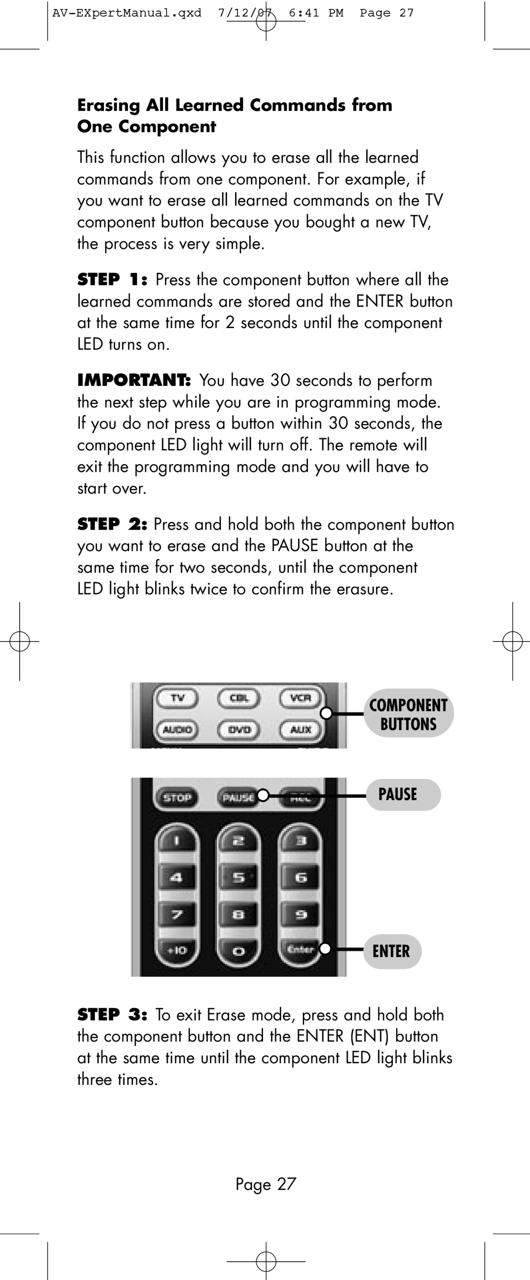 Universal Remote Control AVEX R6 manual Erasing All Learned Commands from One Component, Component Buttons Pause Enter 