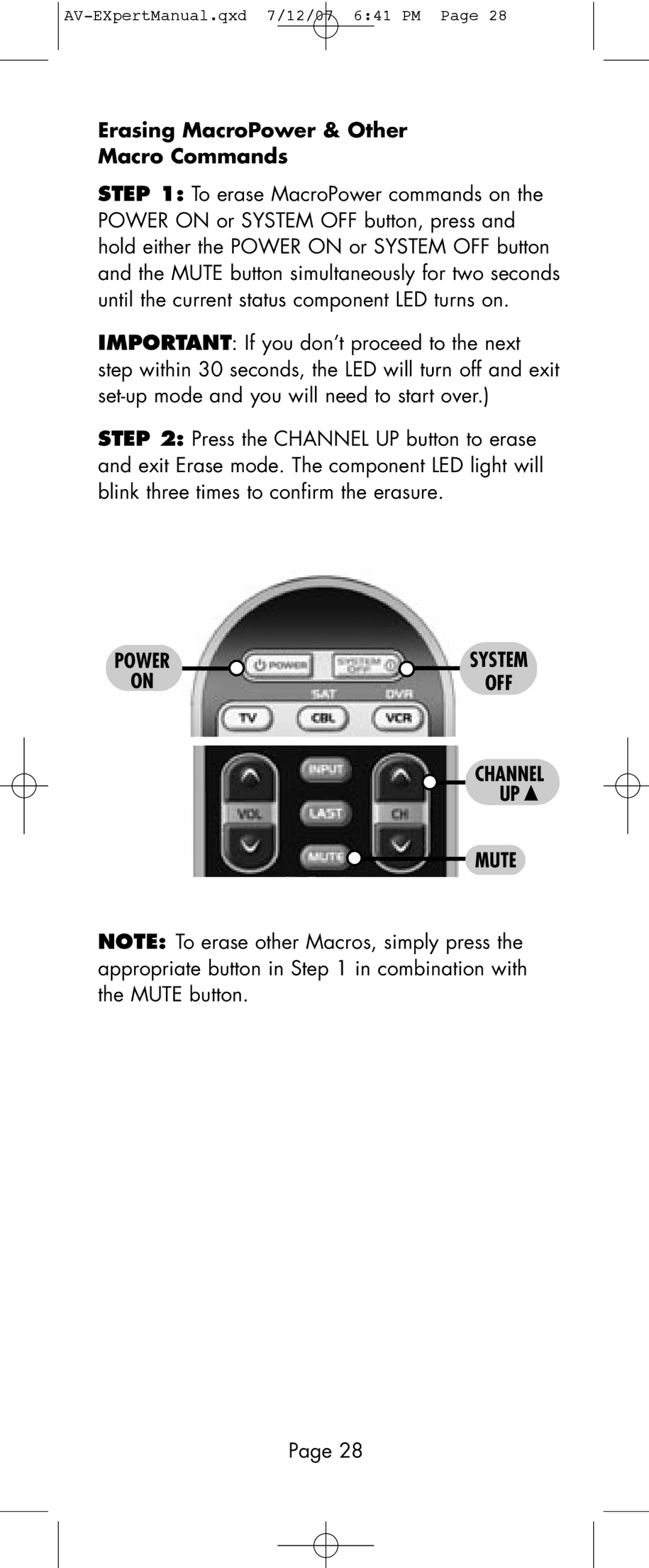 Universal Remote Control AVEX R6 manual Erasing MacroPower & Other Macro Commands, Channel Mute 