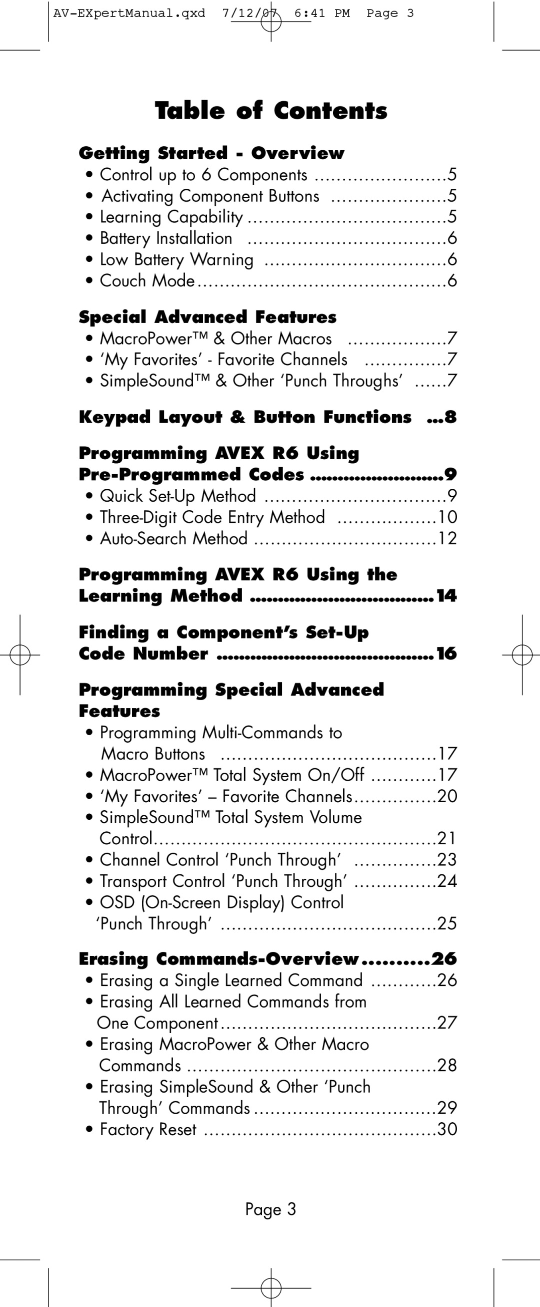 Universal Remote Control AVEX R6 manual Table of Contents 