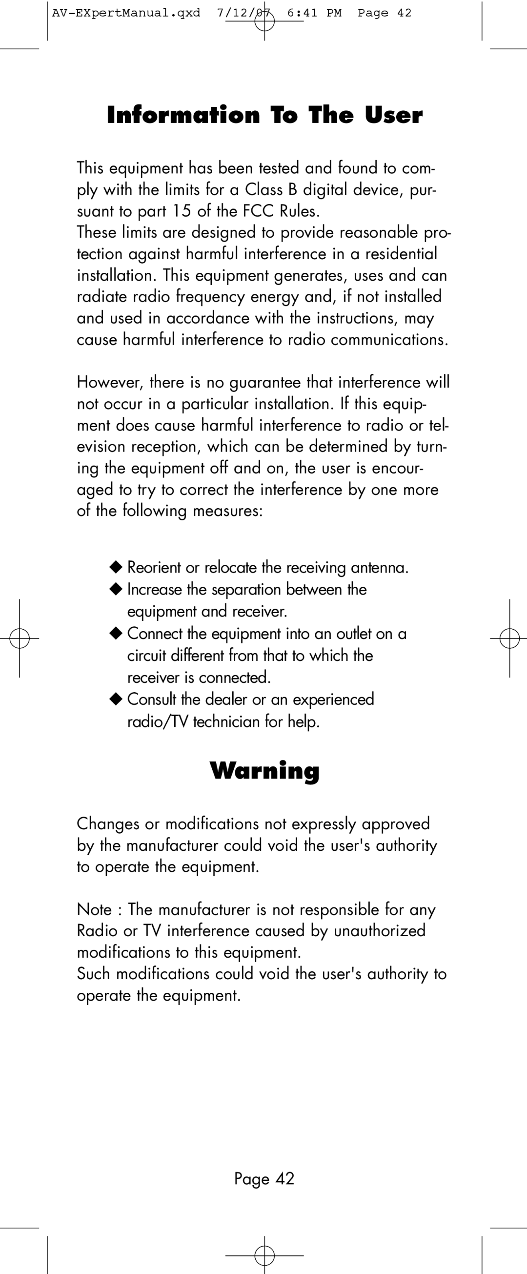 Universal Remote Control AVEX R6 manual Information To The User 