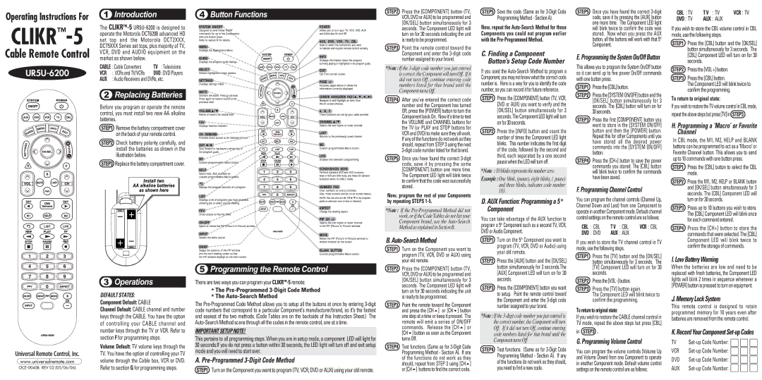 Universal Remote Control CLIKR-5 operating instructions Component Default Cable, To return to original state 