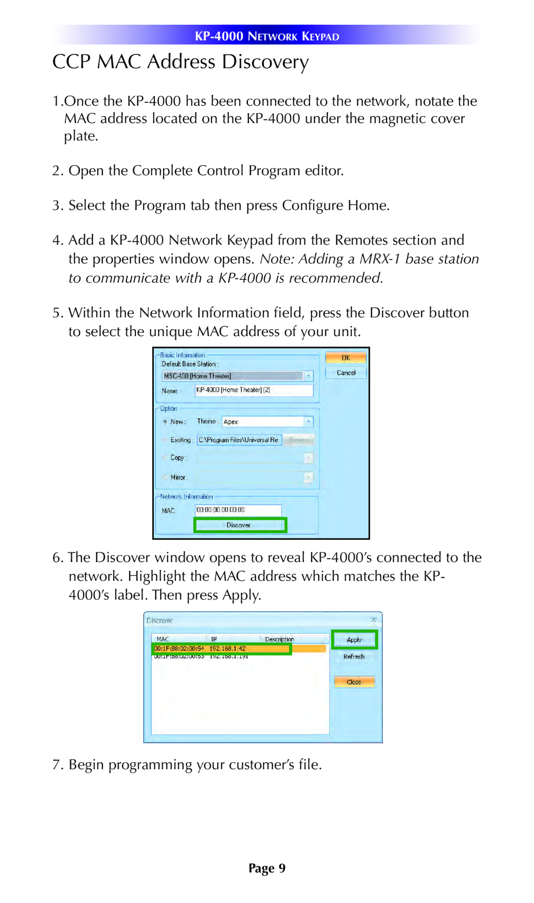 Universal Remote Control KP-4000 installation manual CCP MAC Address Discovery 