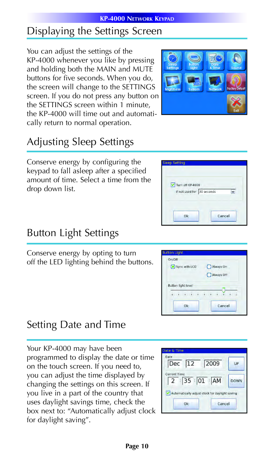 Universal Remote Control KP-4000 Displaying the Settings Screen, Adjusting Sleep Settings, Button Light Settings 