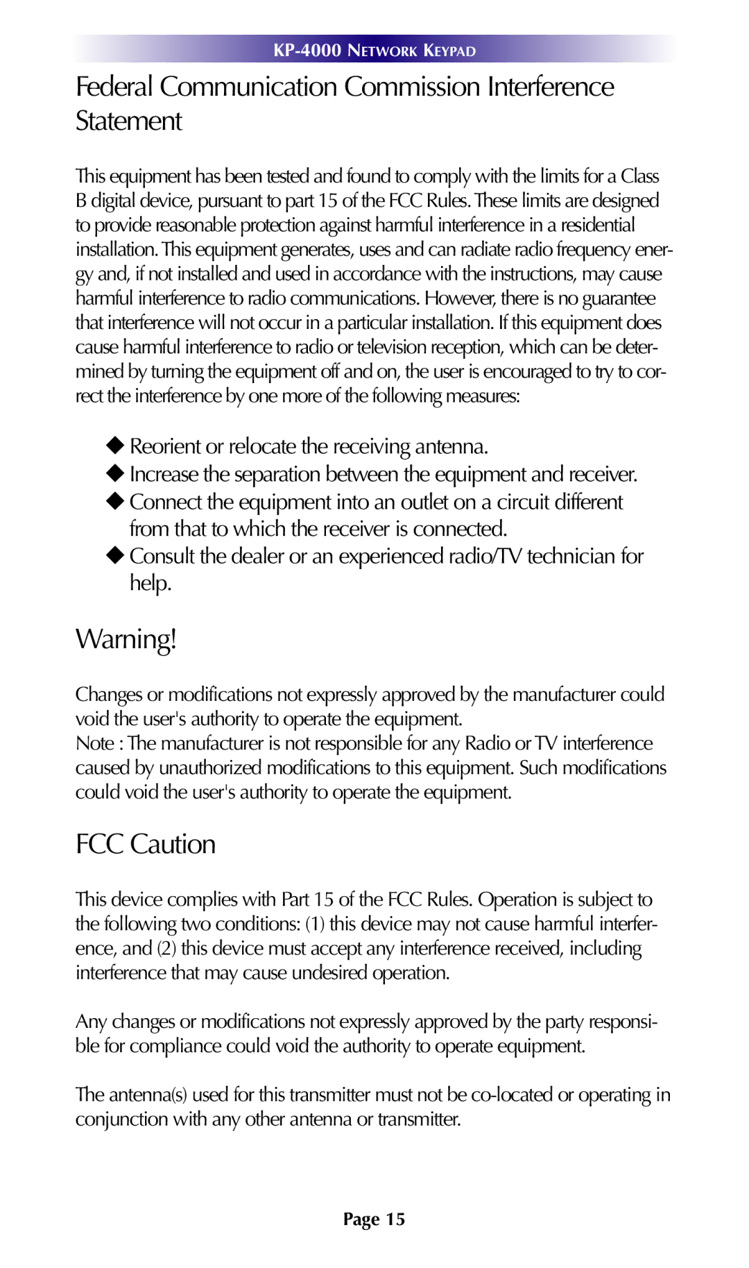 Universal Remote Control KP-4000 installation manual Federal Communication Commission Interference Statement, FCC Caution 