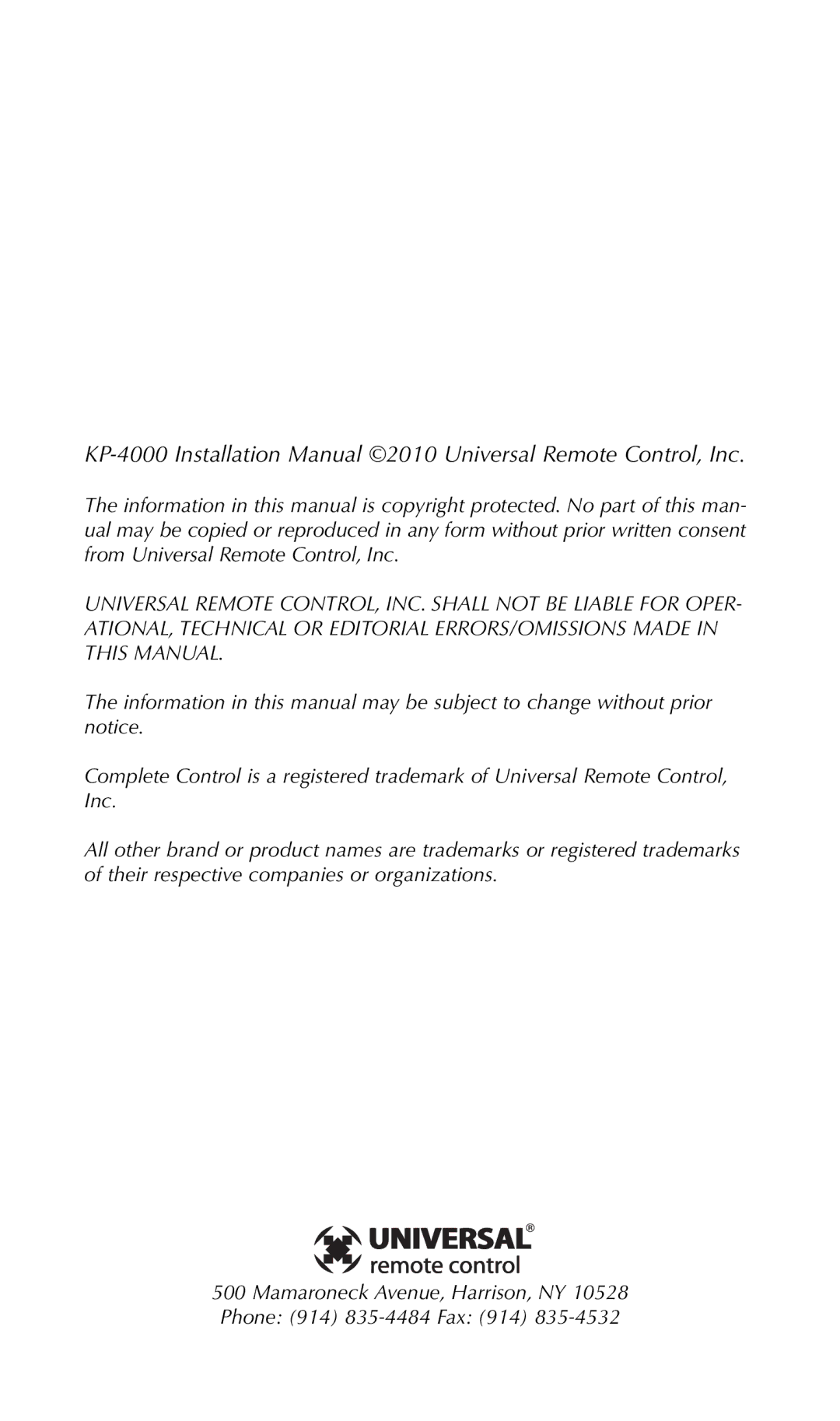 Universal Remote Control KP-4000 installation manual 