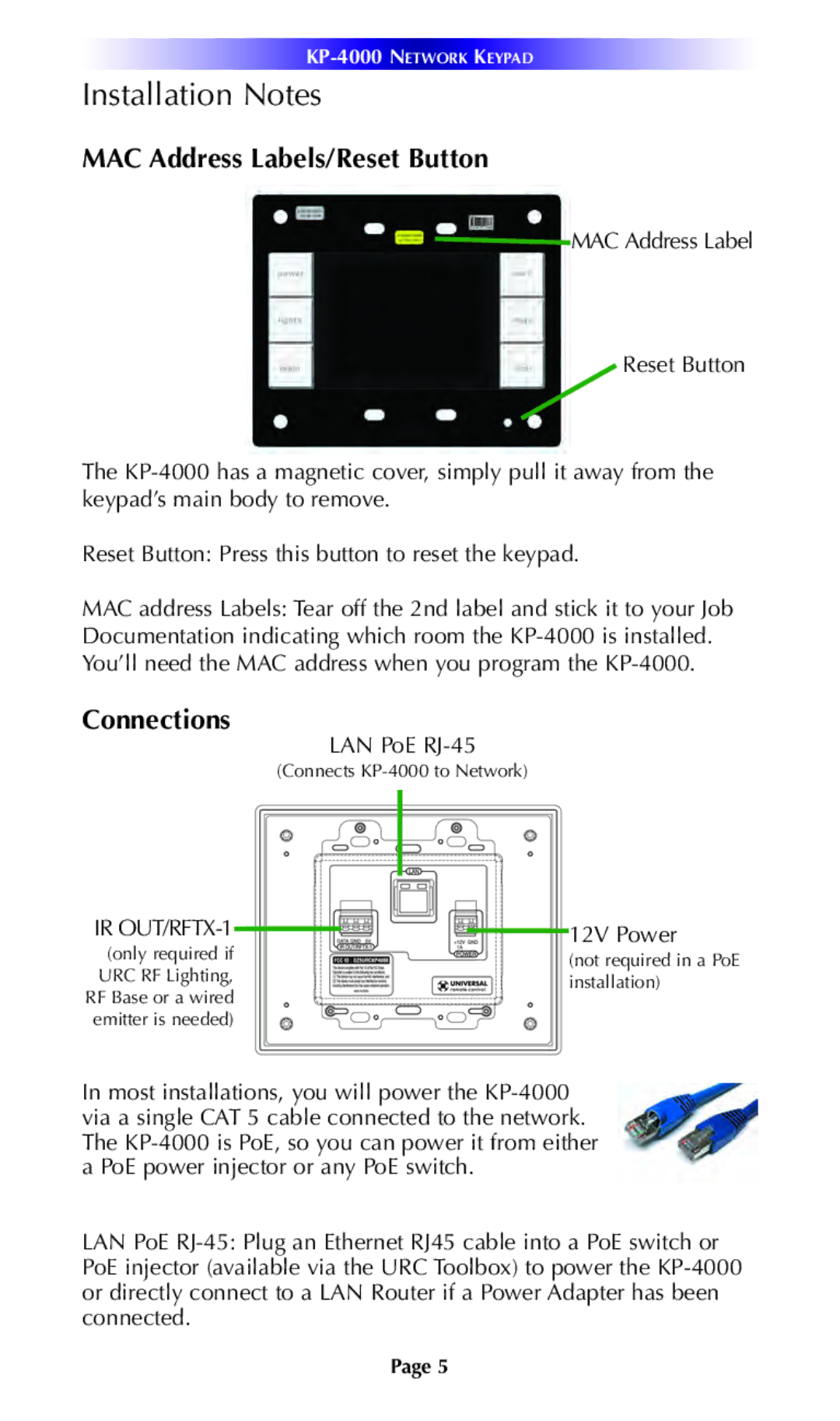 Universal Remote Control KP-4000 installation manual Installation Notes, MAC Address Labels/Reset Button 