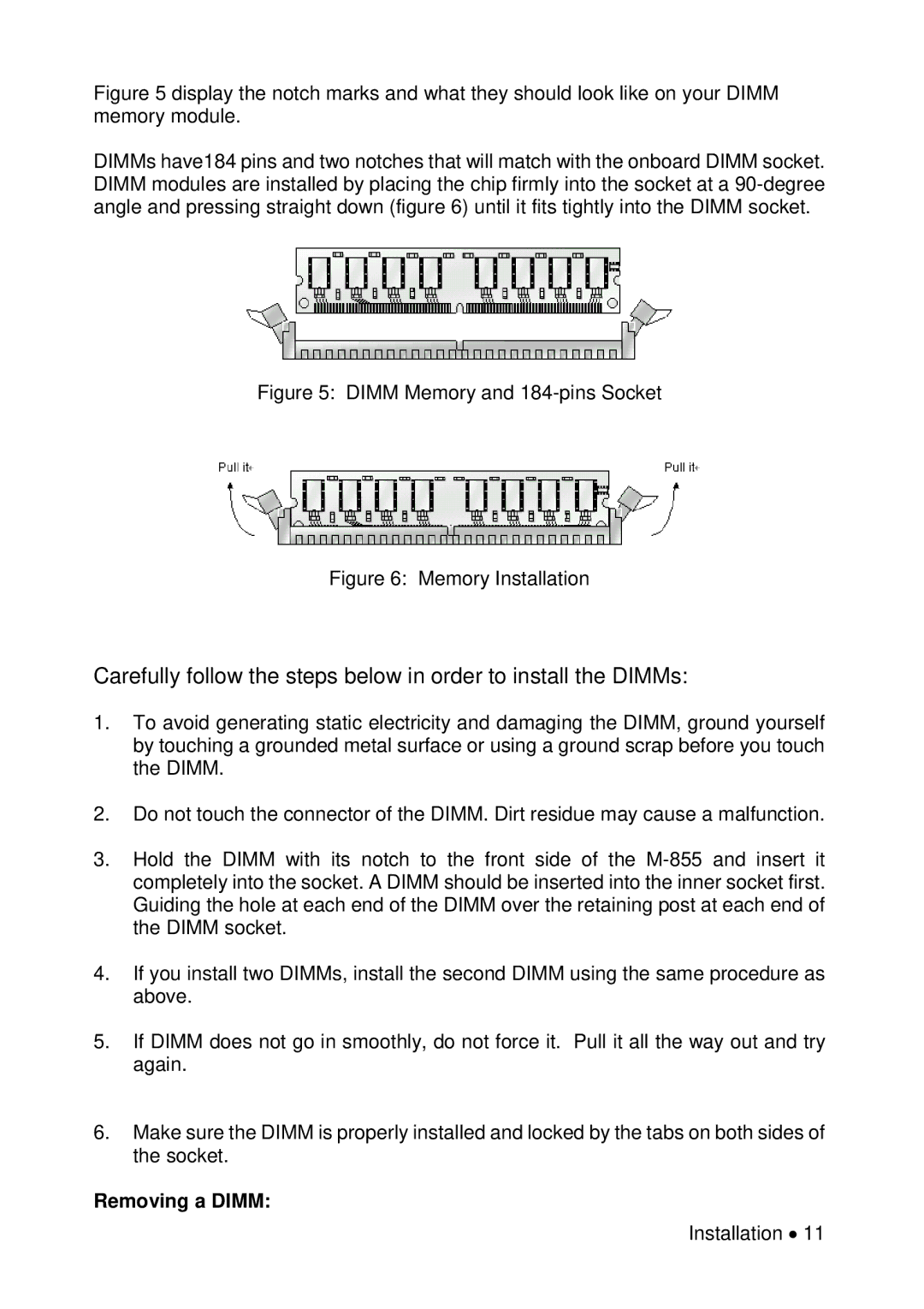 Universal Remote Control M-855 user manual Dimm Memory and 184-pins Socket, Removing a Dimm 