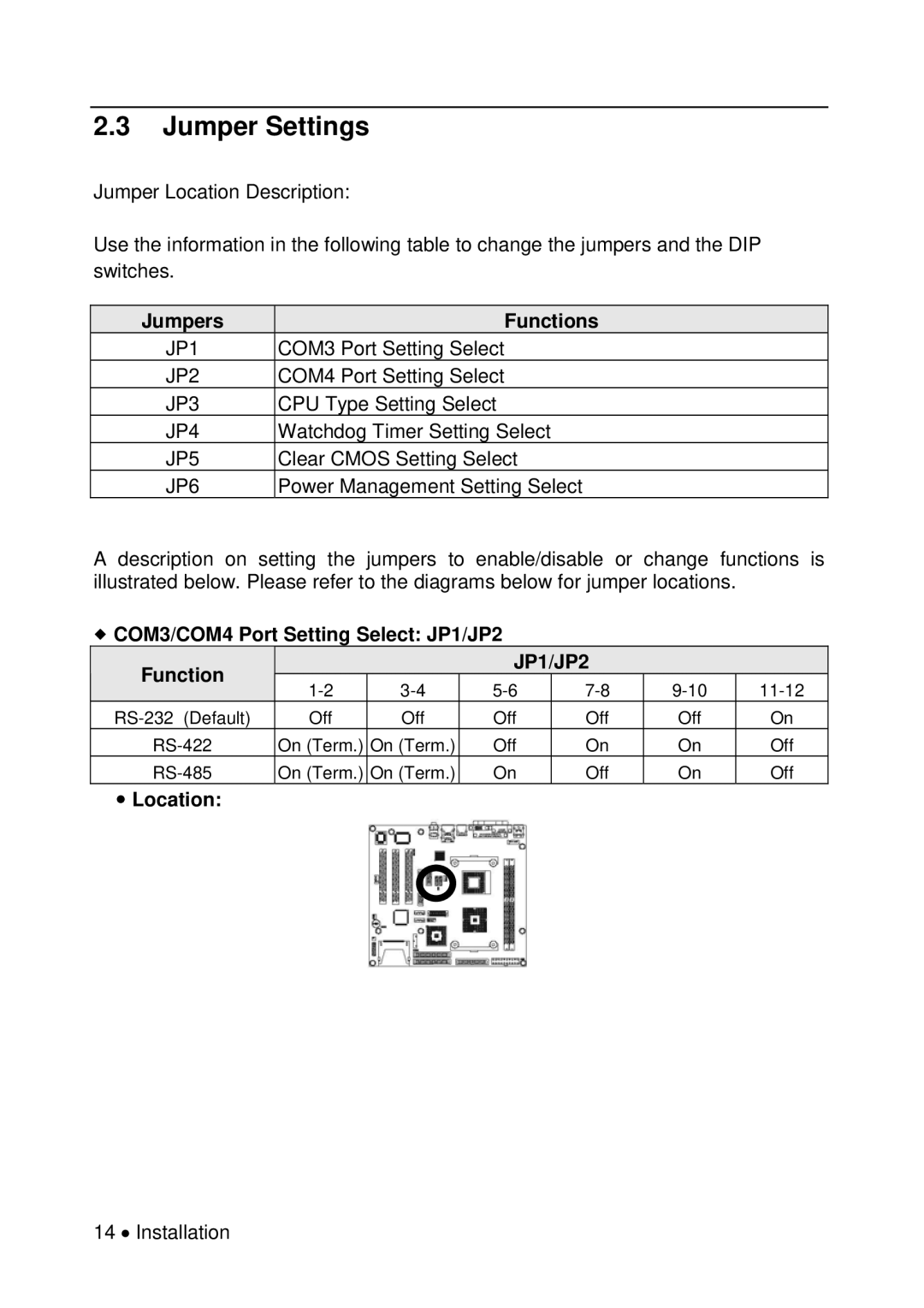 Universal Remote Control M-855 Jumper Settings, Jumpers Functions,  COM3/COM4 Port Setting Select JP1/JP2 Function 