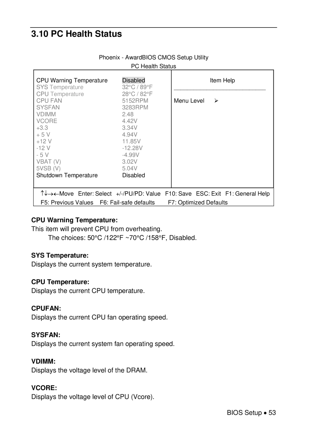 Universal Remote Control M-855 user manual PC Health Status, Cpufan, Sysfan, Vdimm, Vcore 