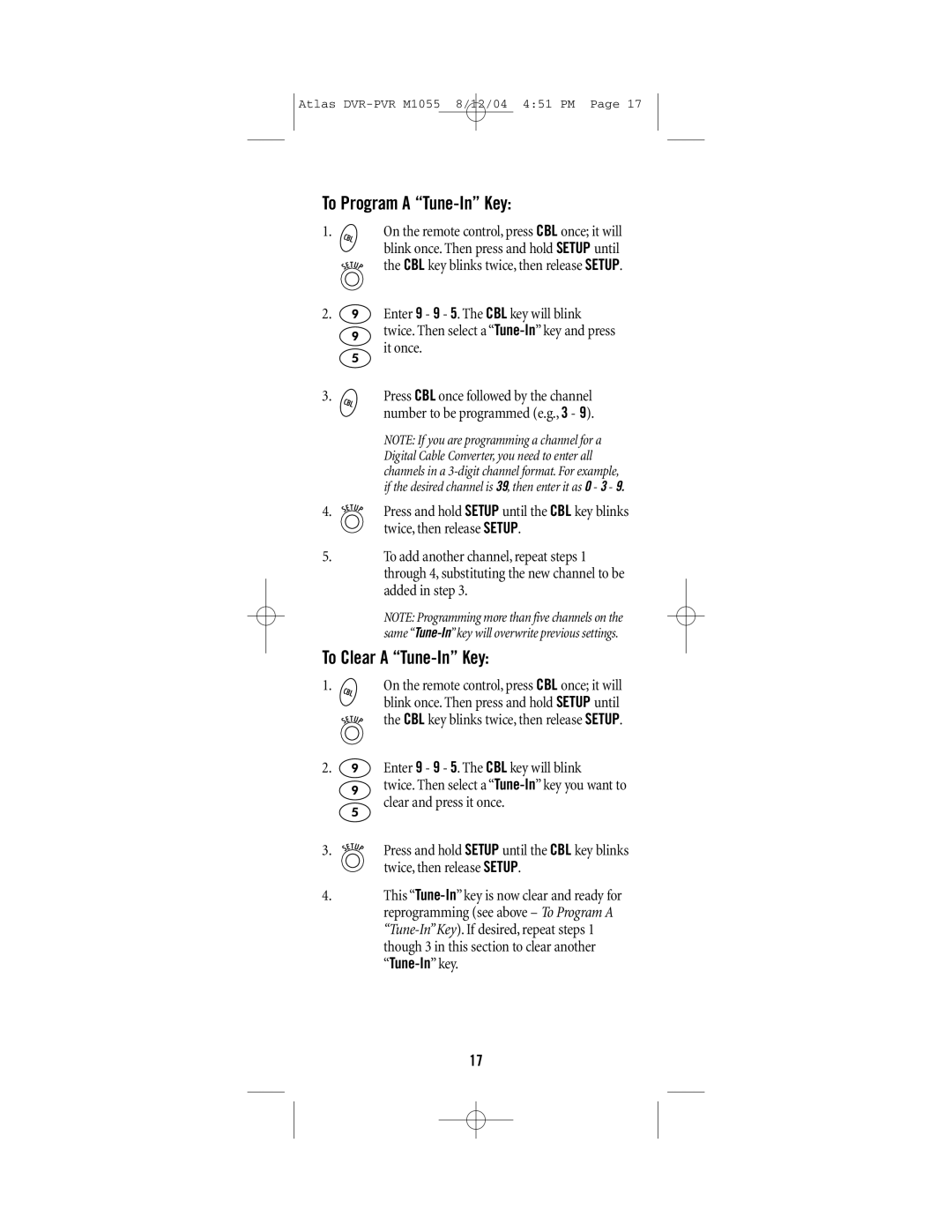 Universal Remote Control M1055 manual To Program a Tune-In Key, To Clear a Tune-In Key 